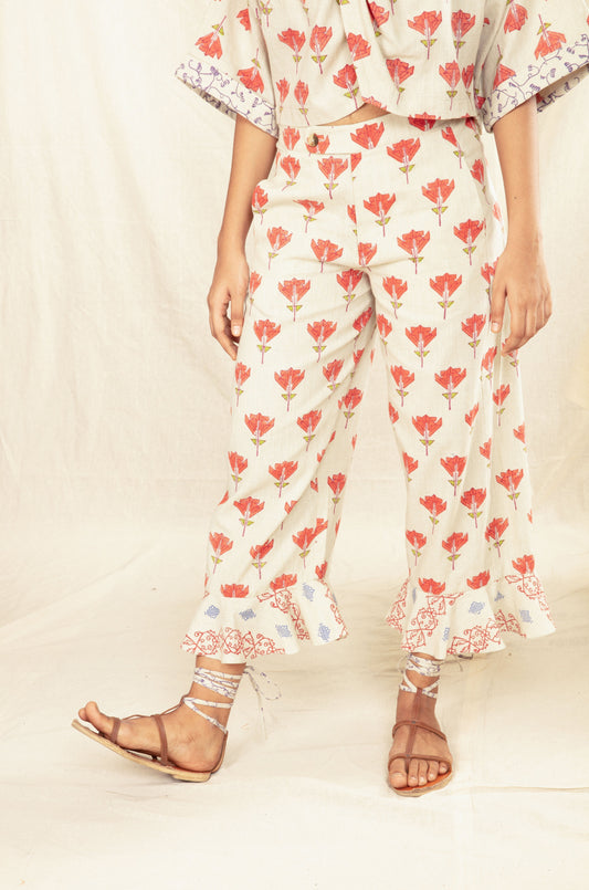 Multicolor Block Print Culotte Pants with Ruffles by Anushé Pirani with Block Prints, Culottes, Fitted At Waist, Handwoven Cotton, Multicolor, Natural, Office Wear, Prints, Recurring Dream by Anushe Pirani, Recurring Dream Collection, Womenswear at Kamakhyaa for sustainable fashion