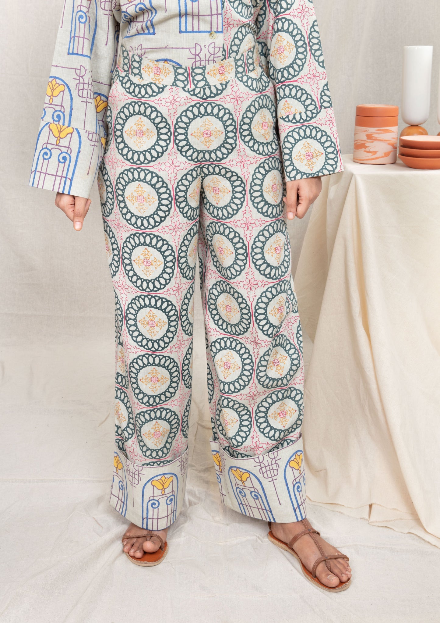 Multicolor Block Printed Wide Color Pants by Anushé Pirani with Block Prints, Fitted At Waist, Handwoven Cotton, Lounge Wear, Multicolor, Natural, Palazzo Pants, Prints, Recurring Dream by Anushe Pirani, Recurring Dream Collection, Womenswear at Kamakhyaa for sustainable fashion