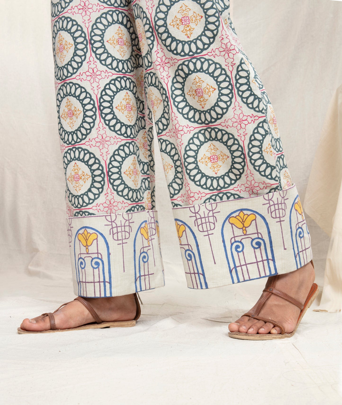 Multicolor Block Printed Wide Color Pants by Anushé Pirani with Block Prints, Fitted At Waist, Handwoven Cotton, Lounge Wear, Multicolor, Natural, Palazzo Pants, Prints, Recurring Dream by Anushe Pirani, Recurring Dream Collection, Womenswear at Kamakhyaa for sustainable fashion