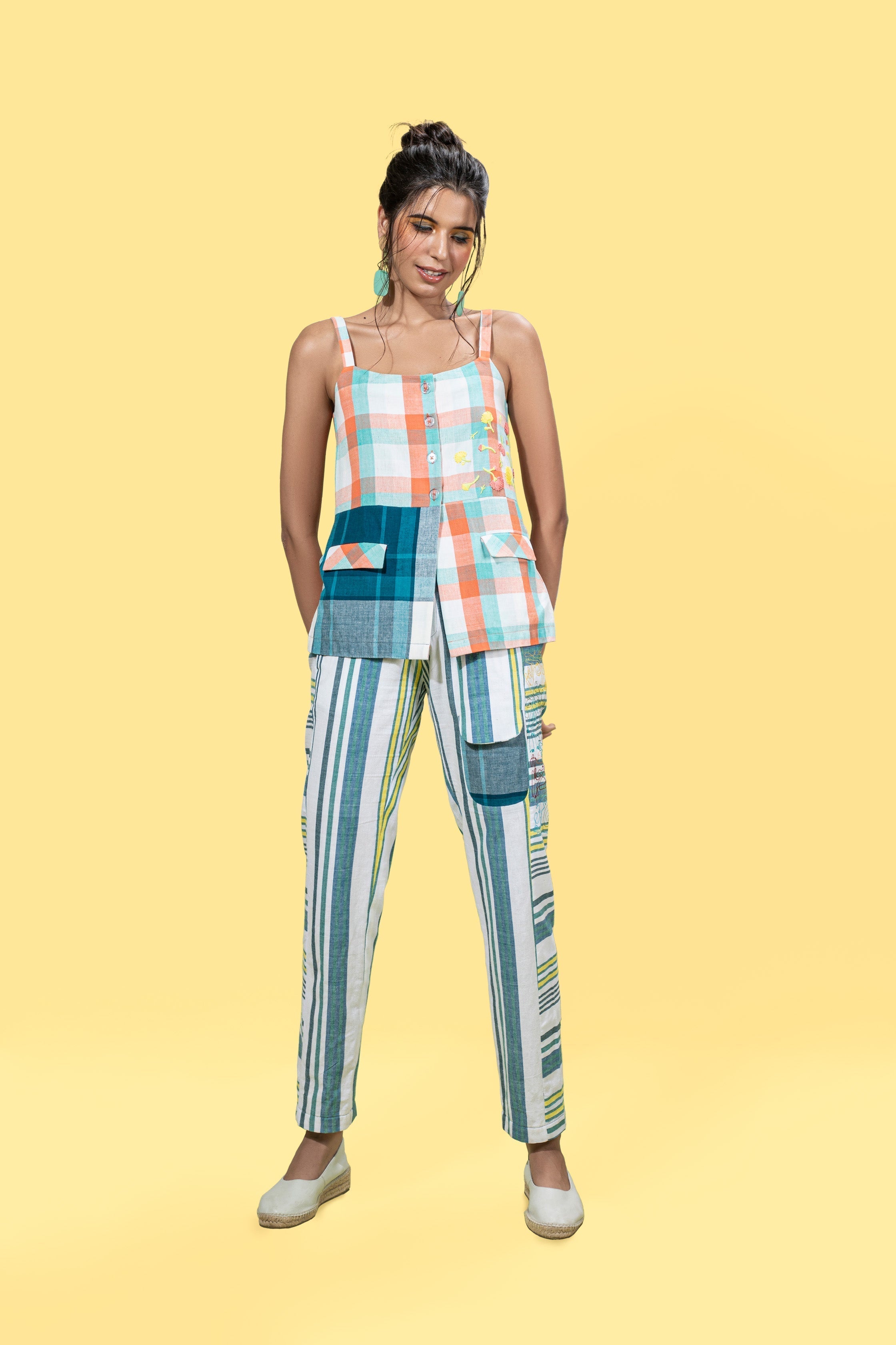 Multicolor Striped Pants by Anushé Pirani with Fitted At Waist, Handwoven Cotton, July Sale, July Sale 2023, Multicolor, Natural, Of Myriad Minds, Of Myriad Minds by Anushe Pirani, Office Wear, Playful Office Wear, sale anushe pirani, Stripes, Trousers, Womenswear at Kamakhyaa for sustainable fashion