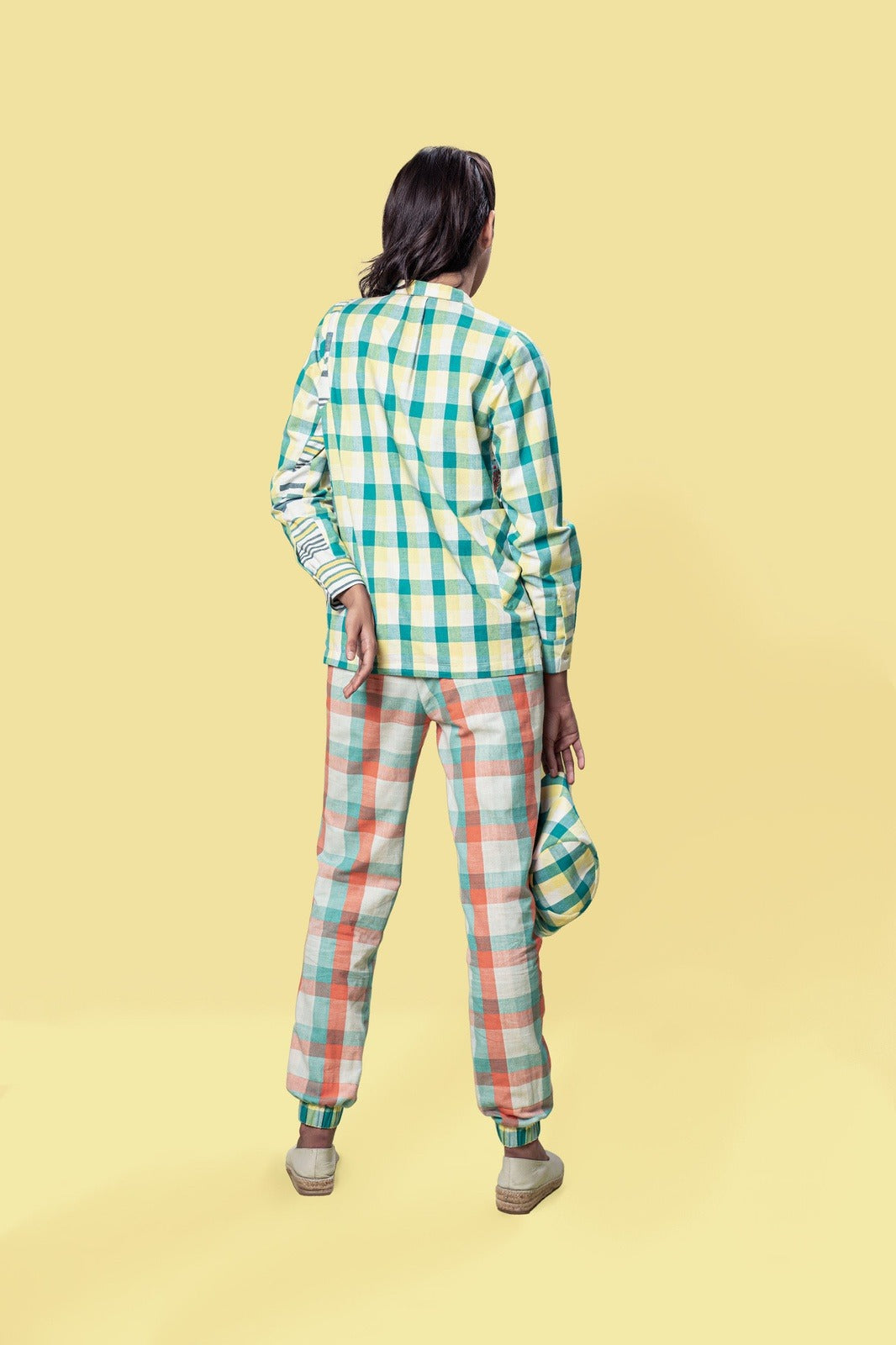 Yellow Check Shirt with Pockets by Anushé Pirani with Checks, Cotton, Handwoven cotton, July Sale, July Sale 2023, Multicolor, Natural, Of Myriad Minds, Of Myriad Minds by Anushe Pirani, Office Wear, Playful Linen, Playful Office Wear, sale anushe pirani, Shirts, Solids, Womenswear, Yellow at Kamakhyaa for sustainable fashion