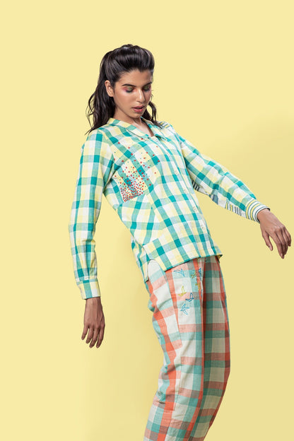 Yellow Check Shirt with Pockets by Anushé Pirani with Checks, Cotton, Handwoven cotton, July Sale, July Sale 2023, Multicolor, Natural, Of Myriad Minds, Of Myriad Minds by Anushe Pirani, Office Wear, Playful Linen, Playful Office Wear, sale anushe pirani, Shirts, Solids, Womenswear, Yellow at Kamakhyaa for sustainable fashion