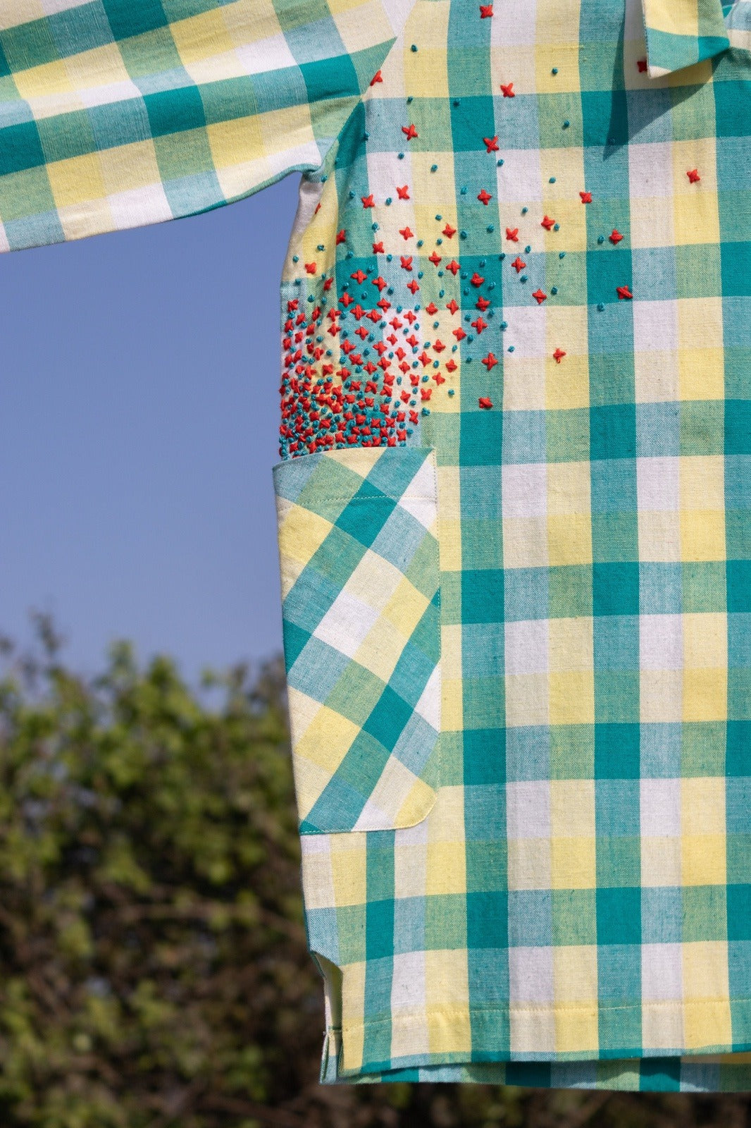 Yellow Check Shirt with Pockets by Anushé Pirani with Checks, Cotton, Handwoven cotton, July Sale, July Sale 2023, Multicolor, Natural, Of Myriad Minds, Of Myriad Minds by Anushe Pirani, Office Wear, Playful Linen, Playful Office Wear, sale anushe pirani, Shirts, Solids, Womenswear, Yellow at Kamakhyaa for sustainable fashion