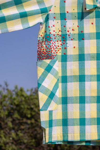 Yellow Check Shirt with Pockets by Anushé Pirani with Checks, Cotton, Handwoven cotton, July Sale, July Sale 2023, Multicolor, Natural, Of Myriad Minds, Of Myriad Minds by Anushe Pirani, Office Wear, Playful Linen, Playful Office Wear, sale anushe pirani, Shirts, Solids, Womenswear, Yellow at Kamakhyaa for sustainable fashion