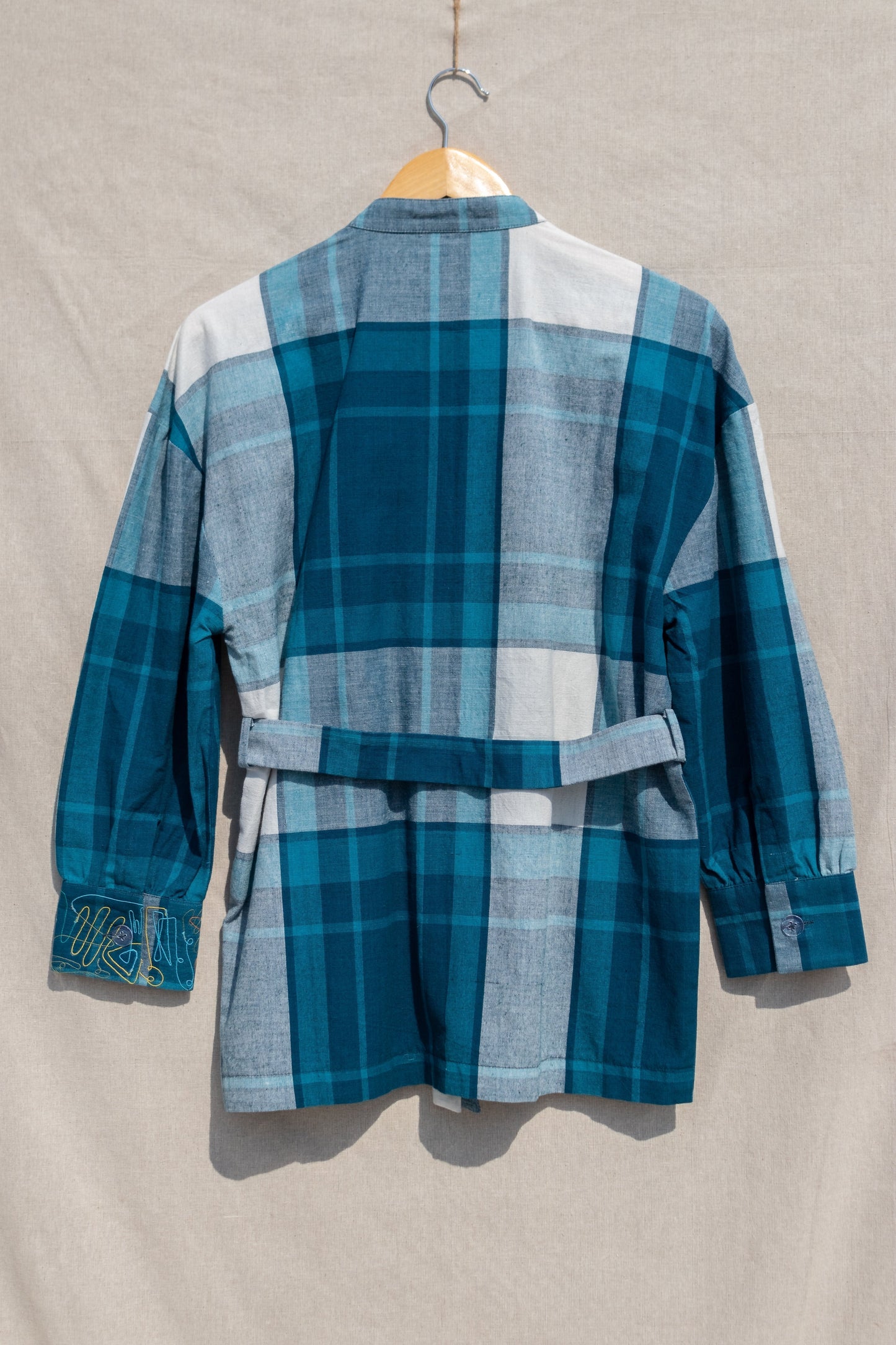 Blue Check Shirt by Anushé Pirani with Blue, Checks, Handwoven Cotton, July Sale, July Sale 2023, Natural, Of Myriad Minds, Of Myriad Minds by Anushe Pirani, Office Wear, Playful Office Wear, Regular Fit, sale anushe pirani, Shirts, Tops, Womenswear at Kamakhyaa for sustainable fashion