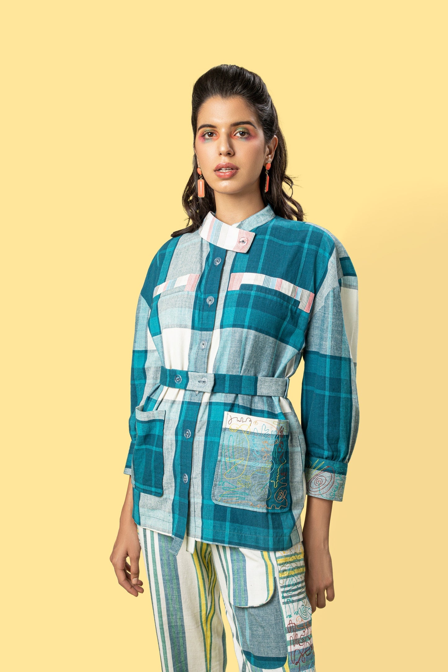 Blue Check Shirt by Anushé Pirani with Blue, Checks, Handwoven Cotton, July Sale, July Sale 2023, Natural, Of Myriad Minds, Of Myriad Minds by Anushe Pirani, Office Wear, Playful Office Wear, Regular Fit, sale anushe pirani, Shirts, Tops, Womenswear at Kamakhyaa for sustainable fashion