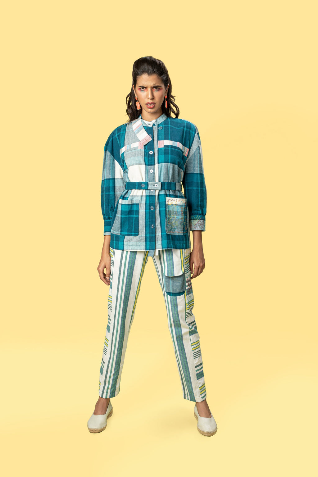 Multicolor Striped Pants by Anushé Pirani with Fitted At Waist, Handwoven Cotton, July Sale, July Sale 2023, Multicolor, Natural, Of Myriad Minds, Of Myriad Minds by Anushe Pirani, Office Wear, Playful Office Wear, sale anushe pirani, Stripes, Trousers, Womenswear at Kamakhyaa for sustainable fashion