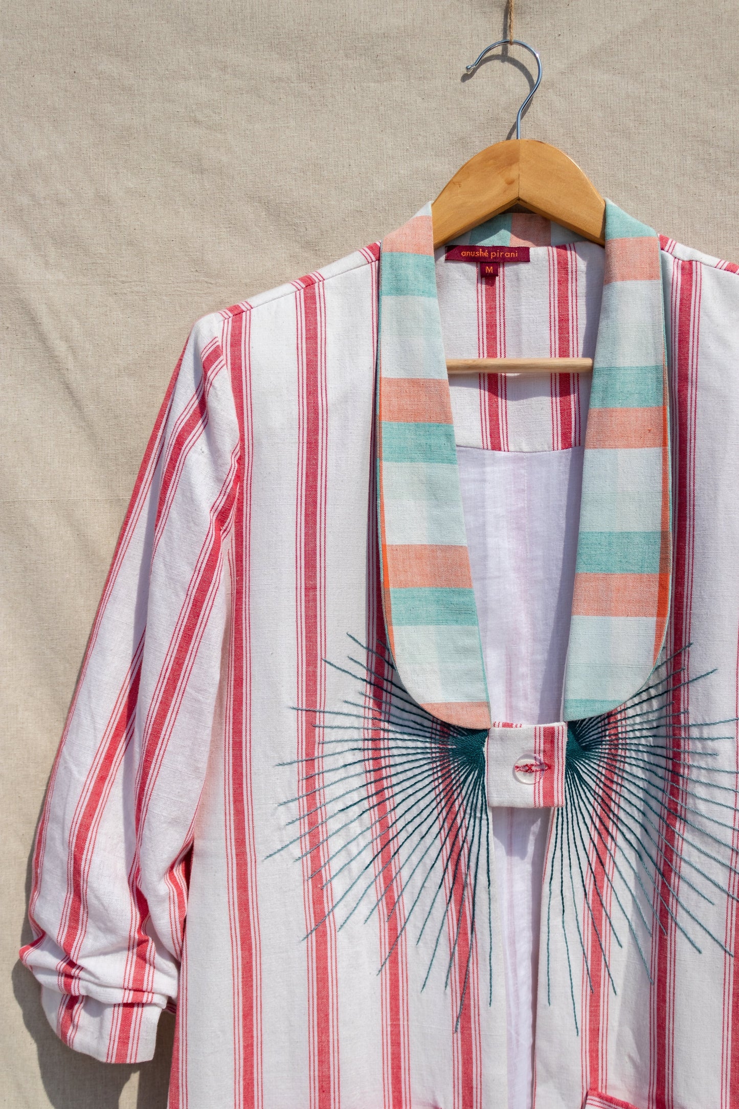 Multicolor Striped Blazer by Anushé Pirani with Blazers, Checks, Handwoven Cotton, July Sale, July Sale 2023, Multicolor, Natural, Of Myriad Minds, Of Myriad Minds by Anushe Pirani, Office Wear, Playful Office Wear, Relaxed Fit, sale anushe pirani, Womenswear at Kamakhyaa for sustainable fashion