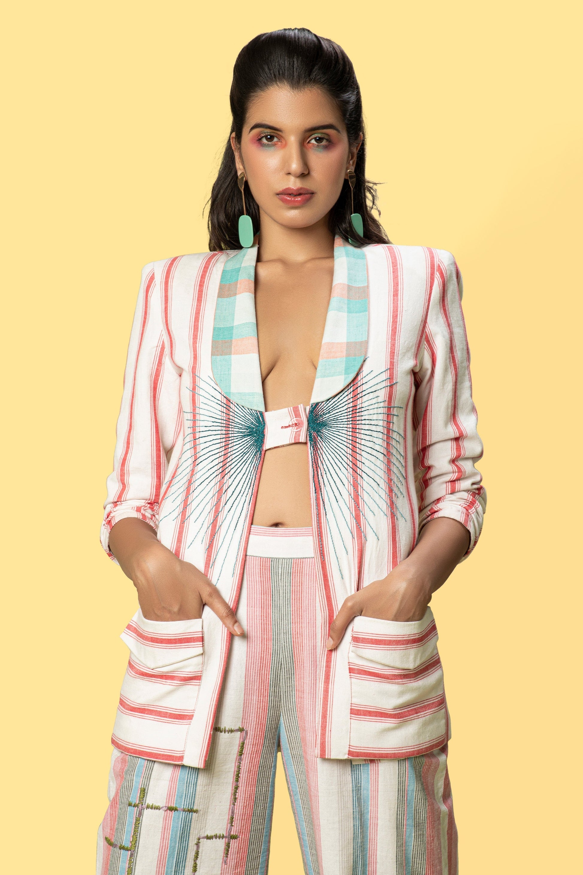 Multicolor Striped Blazer by Anushé Pirani with Blazers, Checks, Handwoven Cotton, July Sale, July Sale 2023, Multicolor, Natural, Of Myriad Minds, Of Myriad Minds by Anushe Pirani, Office Wear, Playful Office Wear, Relaxed Fit, sale anushe pirani, Womenswear at Kamakhyaa for sustainable fashion