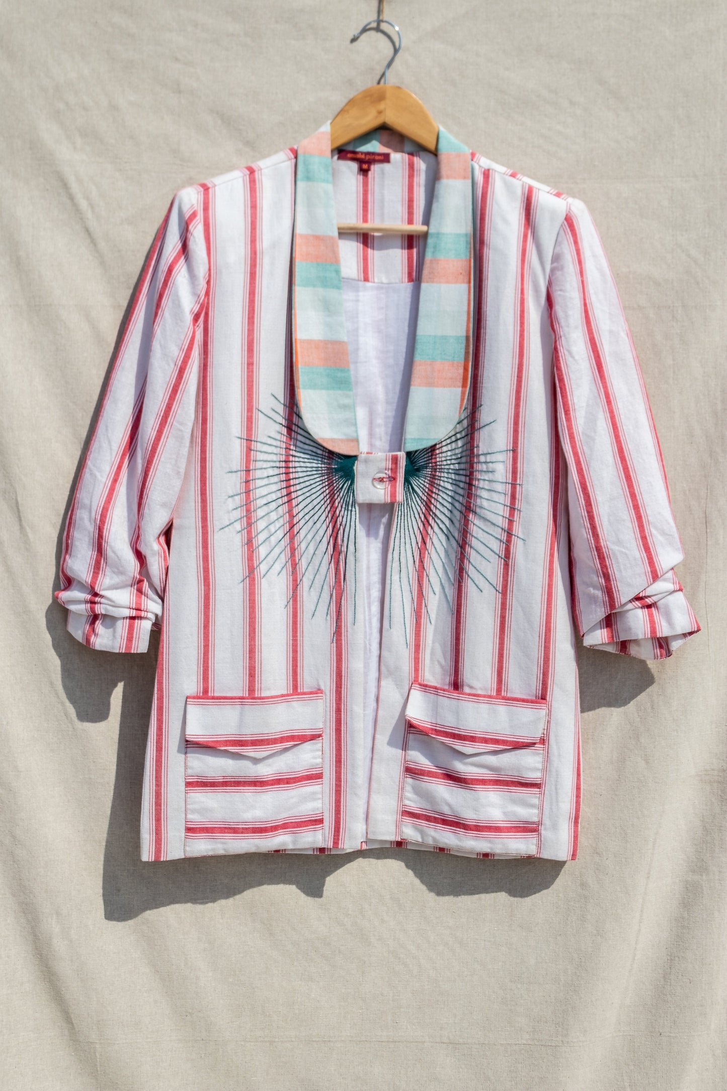 Multicolor Striped Blazer by Anushé Pirani with Blazers, Checks, Handwoven Cotton, July Sale, July Sale 2023, Multicolor, Natural, Of Myriad Minds, Of Myriad Minds by Anushe Pirani, Office Wear, Playful Office Wear, Relaxed Fit, sale anushe pirani, Womenswear at Kamakhyaa for sustainable fashion