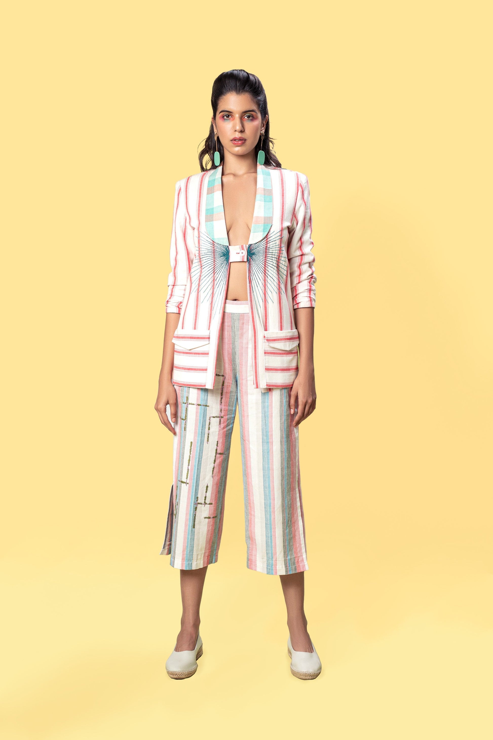 Multicolor Striped Blazer by Anushé Pirani with Blazers, Checks, Handwoven Cotton, July Sale, July Sale 2023, Multicolor, Natural, Of Myriad Minds, Of Myriad Minds by Anushe Pirani, Office Wear, Playful Office Wear, Relaxed Fit, sale anushe pirani, Womenswear at Kamakhyaa for sustainable fashion