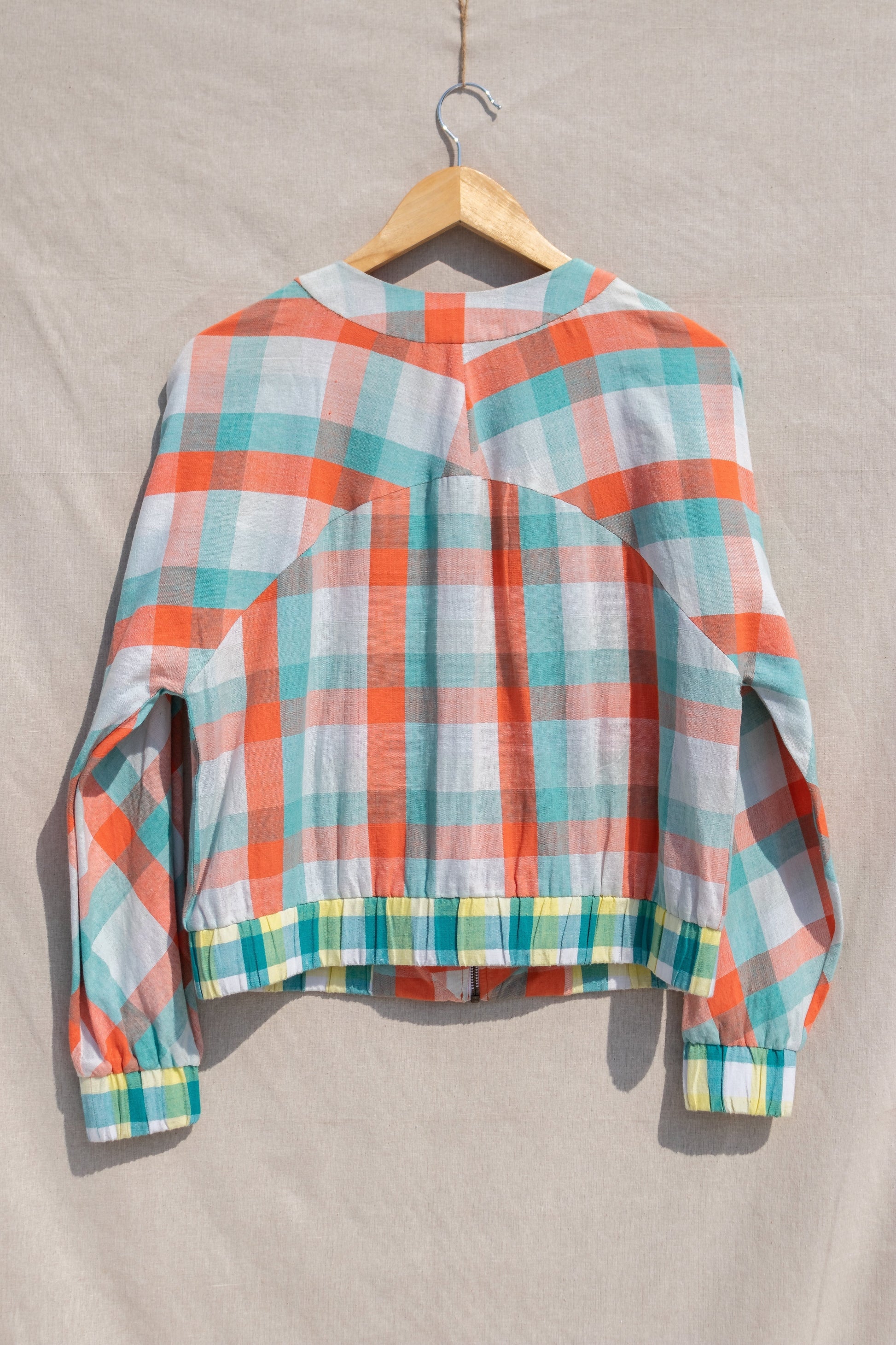 Multicolor Bomber jacket by Anushé Pirani with Checks, Easter, Handwoven Cotton, Jackets, July Sale, July Sale 2023, Multicolor, Natural, Of Myriad Minds, Of Myriad Minds by Anushe Pirani, Office Wear, Playful Office Wear, Relaxed Fit, sale anushe pirani, Womenswear at Kamakhyaa for sustainable fashion