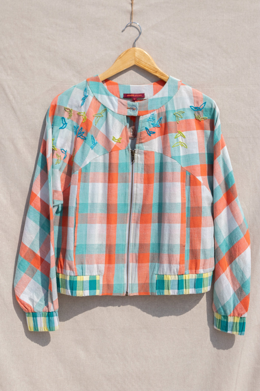 Multicolor Bomber jacket by Anushé Pirani with Checks, Easter, Handwoven Cotton, Jackets, July Sale, July Sale 2023, Multicolor, Natural, Of Myriad Minds, Of Myriad Minds by Anushe Pirani, Office Wear, Playful Office Wear, Relaxed Fit, sale anushe pirani, Womenswear at Kamakhyaa for sustainable fashion