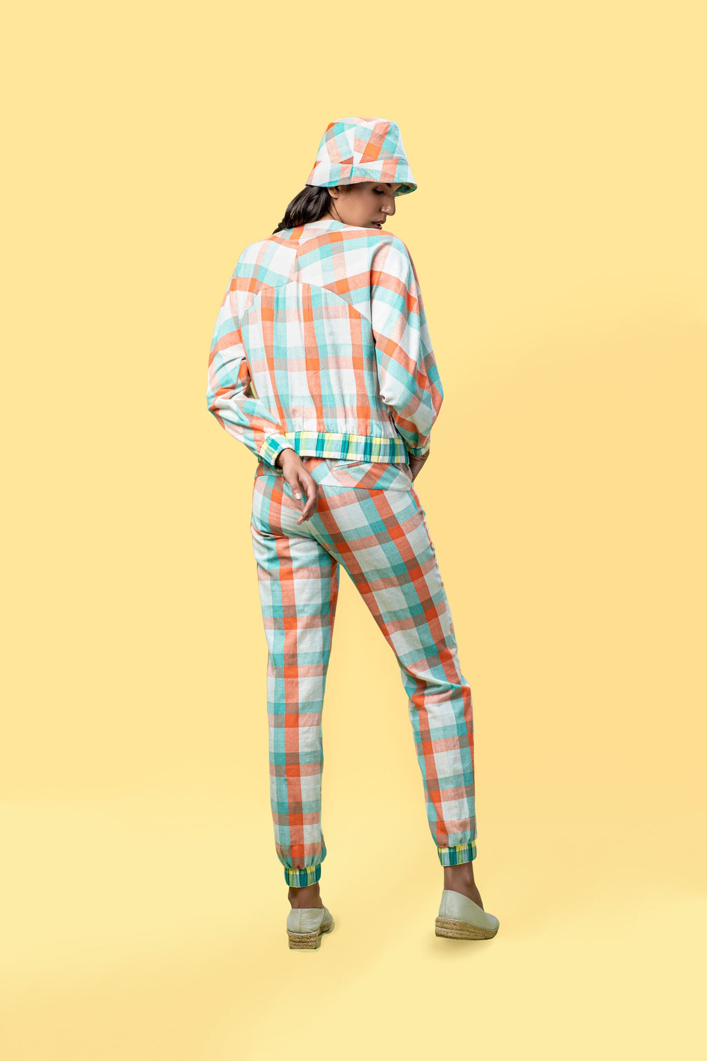 Multicolor Bomber jacket by Anushé Pirani with Checks, Easter, Handwoven Cotton, Jackets, July Sale, July Sale 2023, Multicolor, Natural, Of Myriad Minds, Of Myriad Minds by Anushe Pirani, Office Wear, Playful Office Wear, Relaxed Fit, sale anushe pirani, Womenswear at Kamakhyaa for sustainable fashion