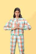 Multicolor Bomber jacket by Anushé Pirani with Checks, Easter, Handwoven Cotton, Jackets, July Sale, July Sale 2023, Multicolor, Natural, Of Myriad Minds, Of Myriad Minds by Anushe Pirani, Office Wear, Playful Office Wear, Relaxed Fit, sale anushe pirani, Womenswear at Kamakhyaa for sustainable fashion