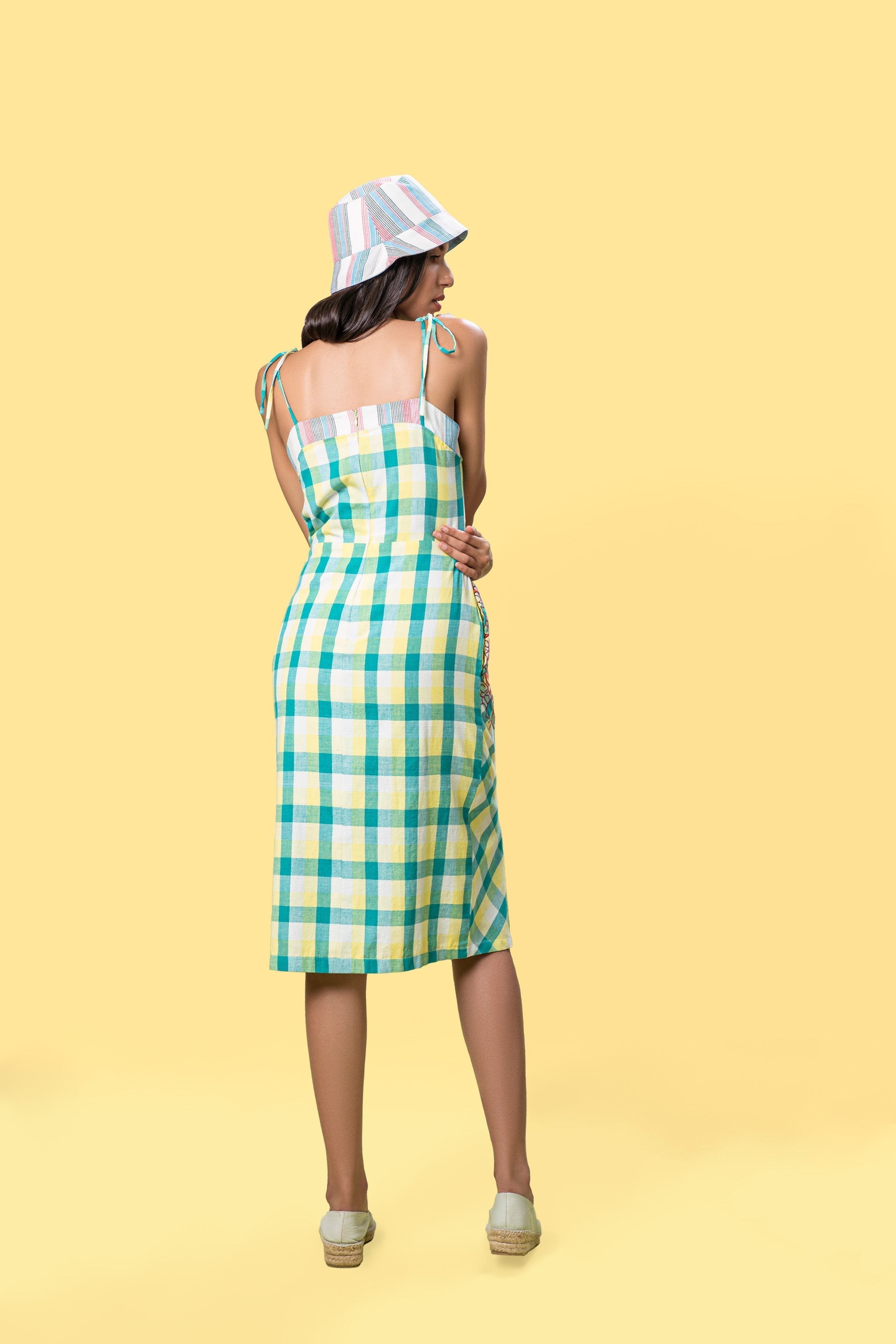 Yellow Sleeveless Midi Dress by Anushé Pirani with Checks, July Sale, July Sale 2023, Midi Dresses, Multicolor, Natural, Of Myriad Minds, Of Myriad Minds by Anushe Pirani, Office Wear, Playful Office Wear, Regular Fit, sale anushe pirani, Sleeveless Dresses, Womenswear, Yellow at Kamakhyaa for sustainable fashion