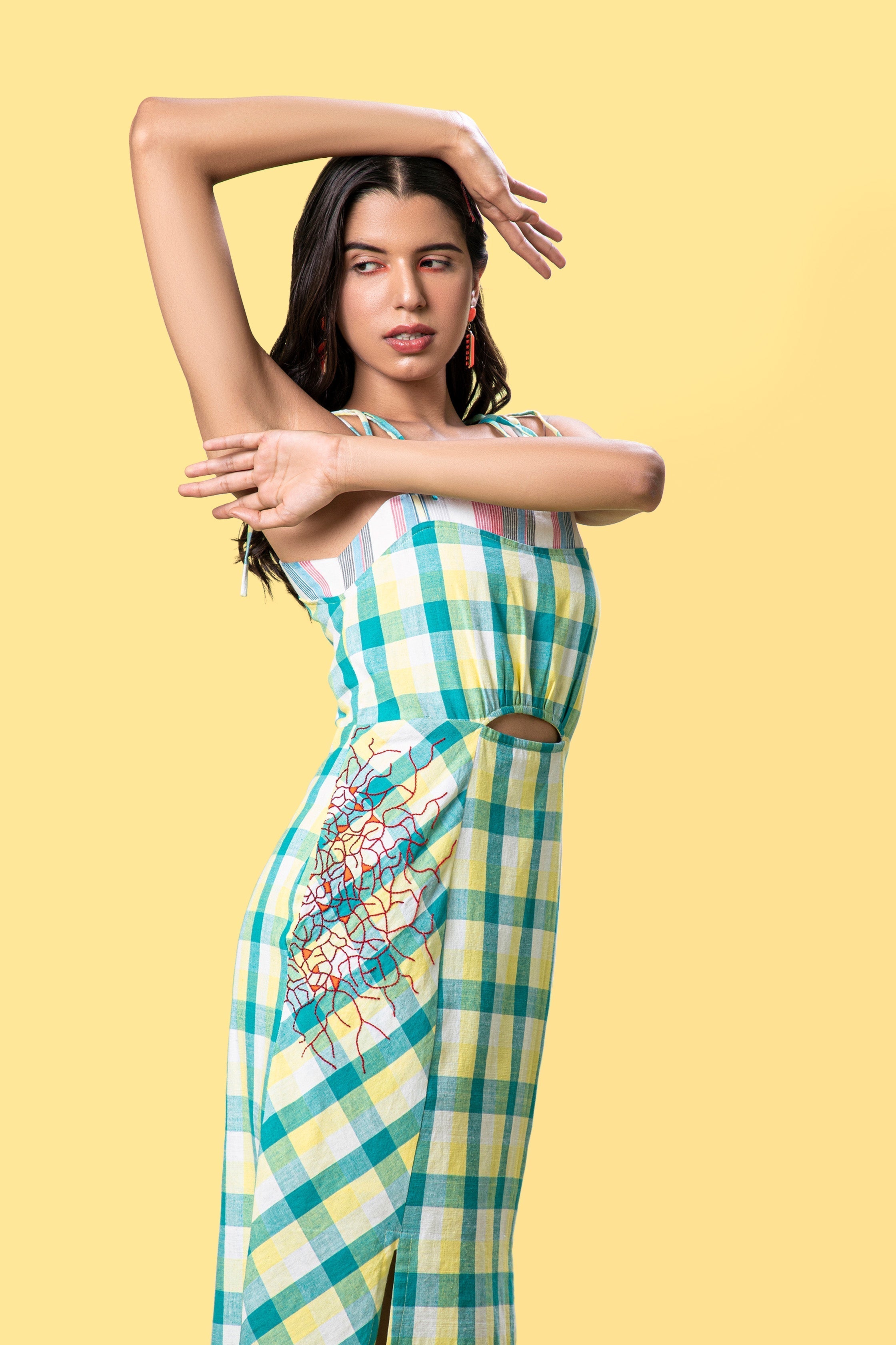 Yellow Sleeveless Midi Dress by Anushé Pirani with Checks, July Sale, July Sale 2023, Midi Dresses, Multicolor, Natural, Of Myriad Minds, Of Myriad Minds by Anushe Pirani, Office Wear, Playful Office Wear, Regular Fit, sale anushe pirani, Sleeveless Dresses, Womenswear, Yellow at Kamakhyaa for sustainable fashion