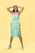 Yellow Sleeveless Midi Dress by Anushé Pirani with Checks, July Sale, July Sale 2023, Midi Dresses, Multicolor, Natural, Of Myriad Minds, Of Myriad Minds by Anushe Pirani, Office Wear, Playful Office Wear, Regular Fit, sale anushe pirani, Sleeveless Dresses, Womenswear, Yellow at Kamakhyaa for sustainable fashion