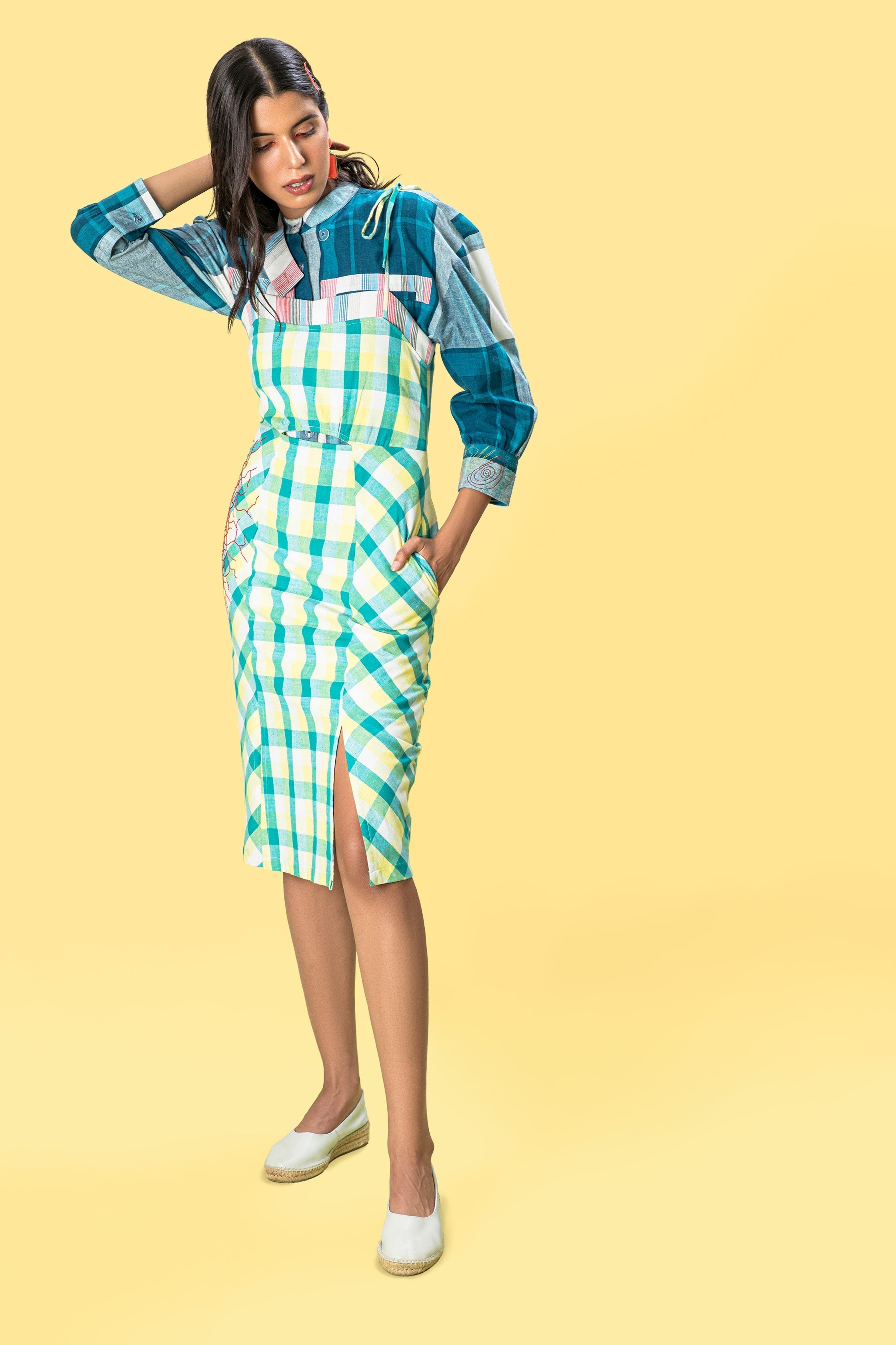 Yellow Sleeveless Midi Dress by Anushé Pirani with Checks, July Sale, July Sale 2023, Midi Dresses, Multicolor, Natural, Of Myriad Minds, Of Myriad Minds by Anushe Pirani, Office Wear, Playful Office Wear, Regular Fit, sale anushe pirani, Sleeveless Dresses, Womenswear, Yellow at Kamakhyaa for sustainable fashion