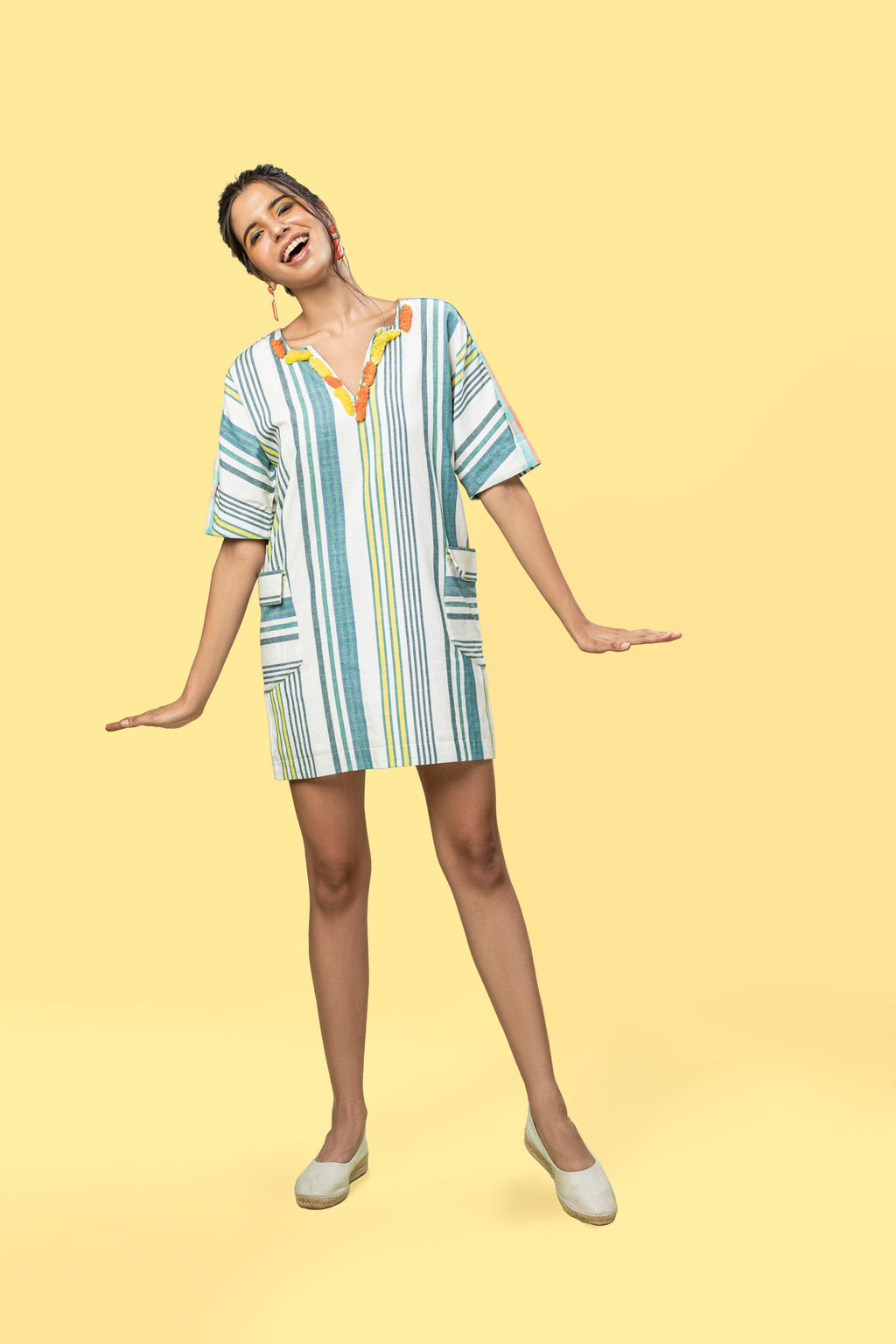 White Summer Pocket Dress by Anushé Pirani with Handwoven Cotton, July Sale, July Sale 2023, Mini Dresses, Multicolor, Natural, Of Myriad Minds, Of Myriad Minds by Anushe Pirani, Office Wear, Playful Office Wear, Regular Fit, sale anushe pirani, Short Dresses, Stripes, Womenswear at Kamakhyaa for sustainable fashion