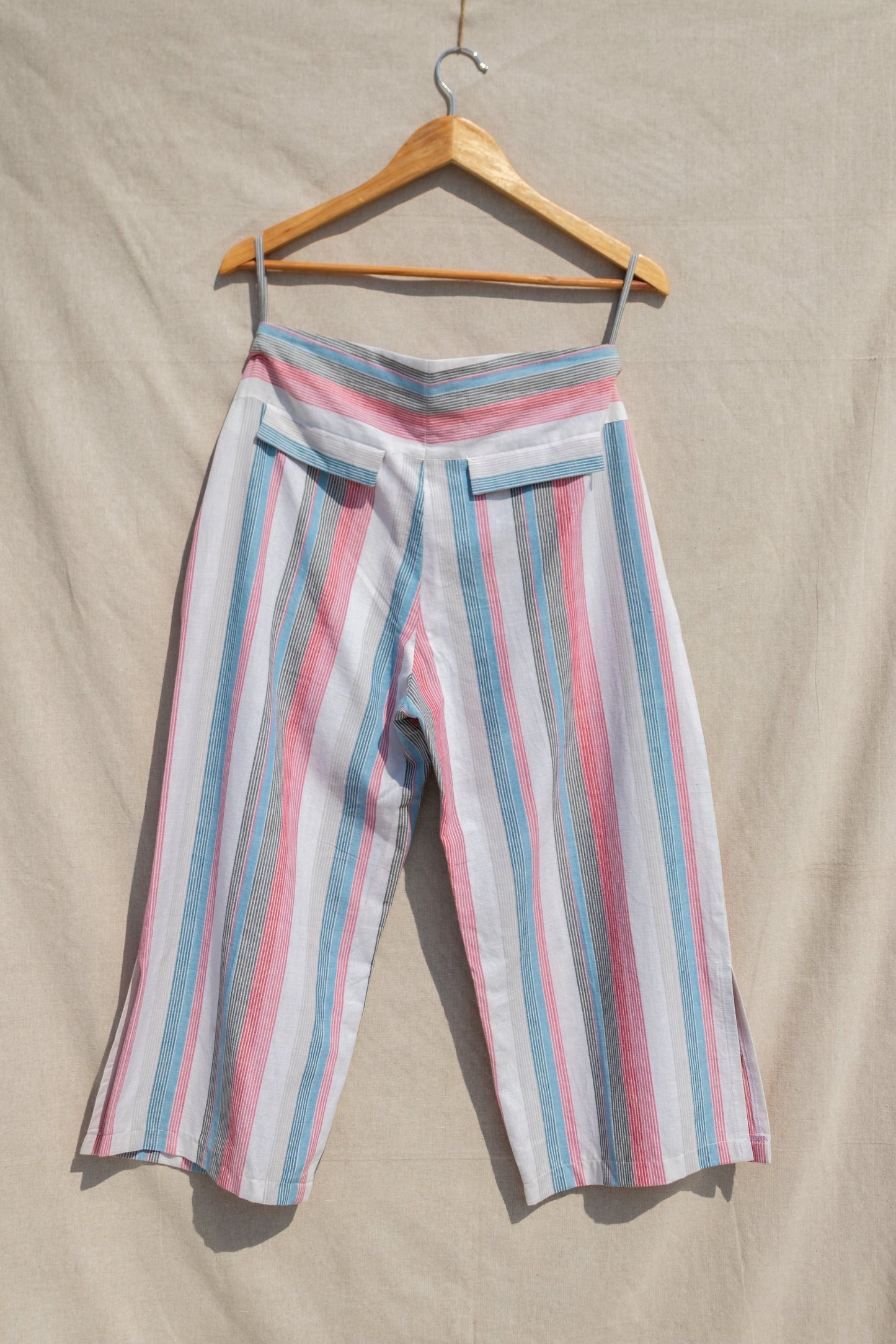 Multicolor Culotte Culottes, Fitted At Waist, Handwoven Cotton, Multicolor, Natural, Of Myriad Minds, Office Wear, Playful Office Wear, sale anushe pirani, Stripes Kamakhyaa