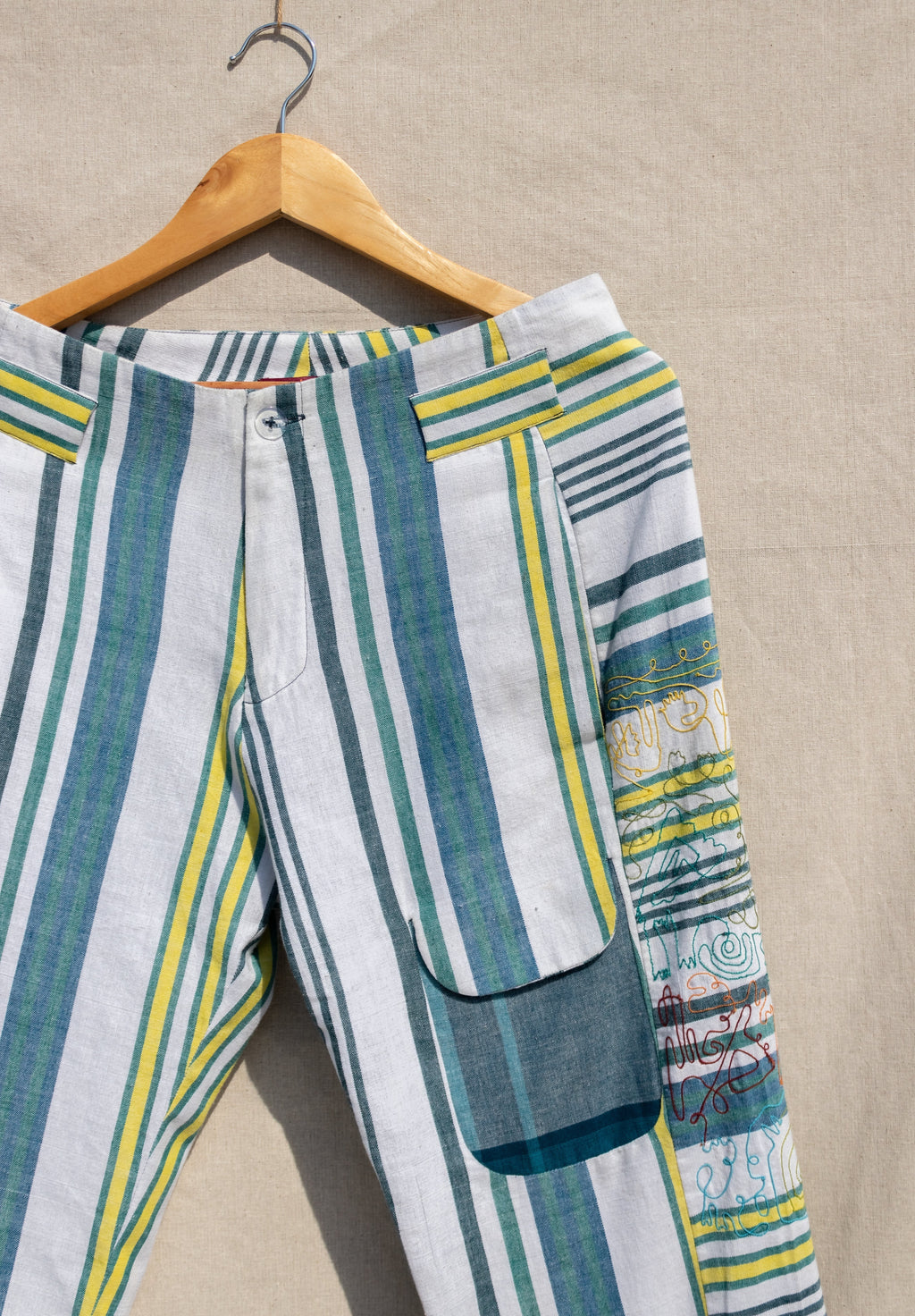 Multicolor Striped Pants by Anushé Pirani with Fitted At Waist, Handwoven Cotton, July Sale, July Sale 2023, Multicolor, Natural, Of Myriad Minds, Of Myriad Minds by Anushe Pirani, Office Wear, Playful Office Wear, sale anushe pirani, Stripes, Trousers, Womenswear at Kamakhyaa for sustainable fashion