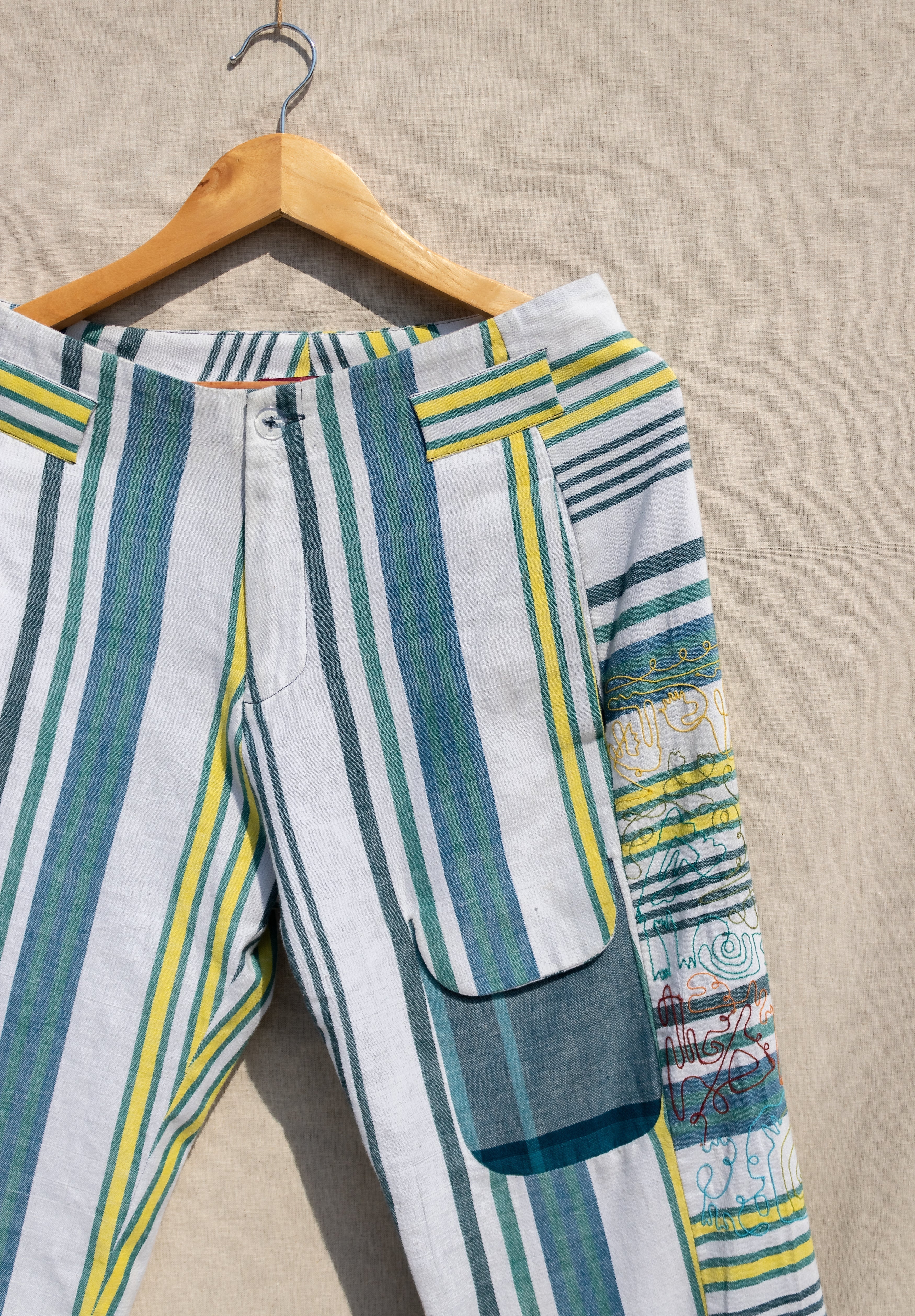 Multicolor Striped Pants by Anushé Pirani with Fitted At Waist, Handwoven Cotton, July Sale, July Sale 2023, Multicolor, Natural, Of Myriad Minds, Of Myriad Minds by Anushe Pirani, Office Wear, Playful Office Wear, sale anushe pirani, Stripes, Trousers, Womenswear at Kamakhyaa for sustainable fashion