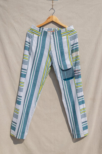 Multicolor Striped Pants Fitted At Waist, Handwoven Cotton, Multicolor, Natural, Of Myriad Minds, Office Wear, Playful Office Wear, sale anushe pirani, Stripes, Trousers Kamakhyaa