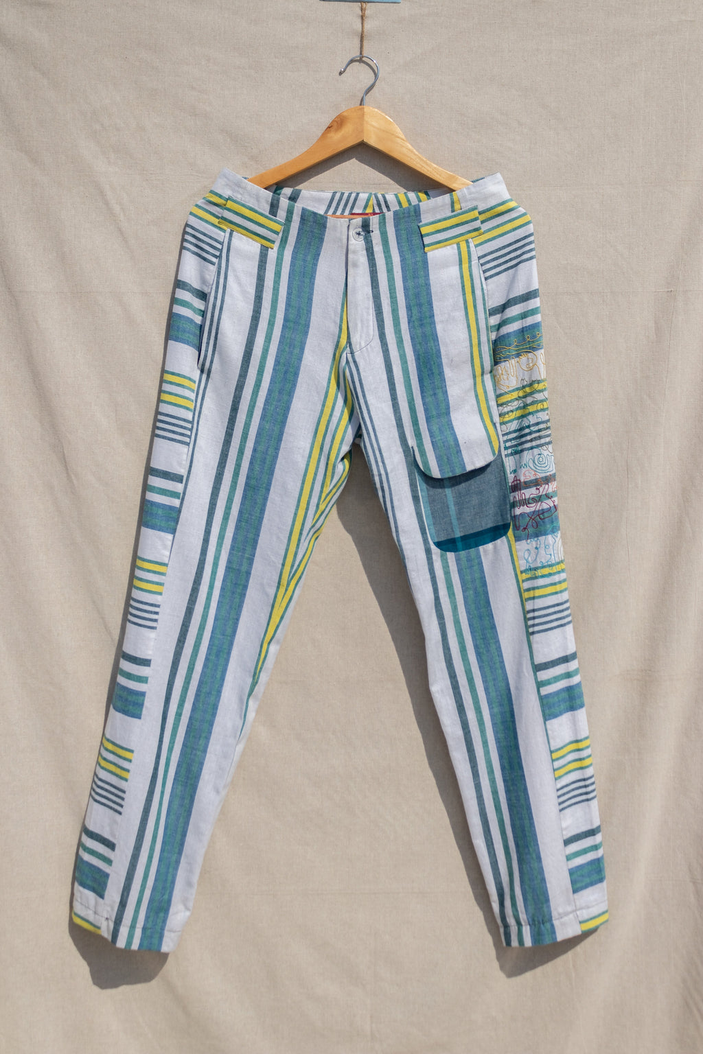Multicolor Striped Pants by Anushé Pirani with Fitted At Waist, Handwoven Cotton, July Sale, July Sale 2023, Multicolor, Natural, Of Myriad Minds, Of Myriad Minds by Anushe Pirani, Office Wear, Playful Office Wear, sale anushe pirani, Stripes, Trousers, Womenswear at Kamakhyaa for sustainable fashion