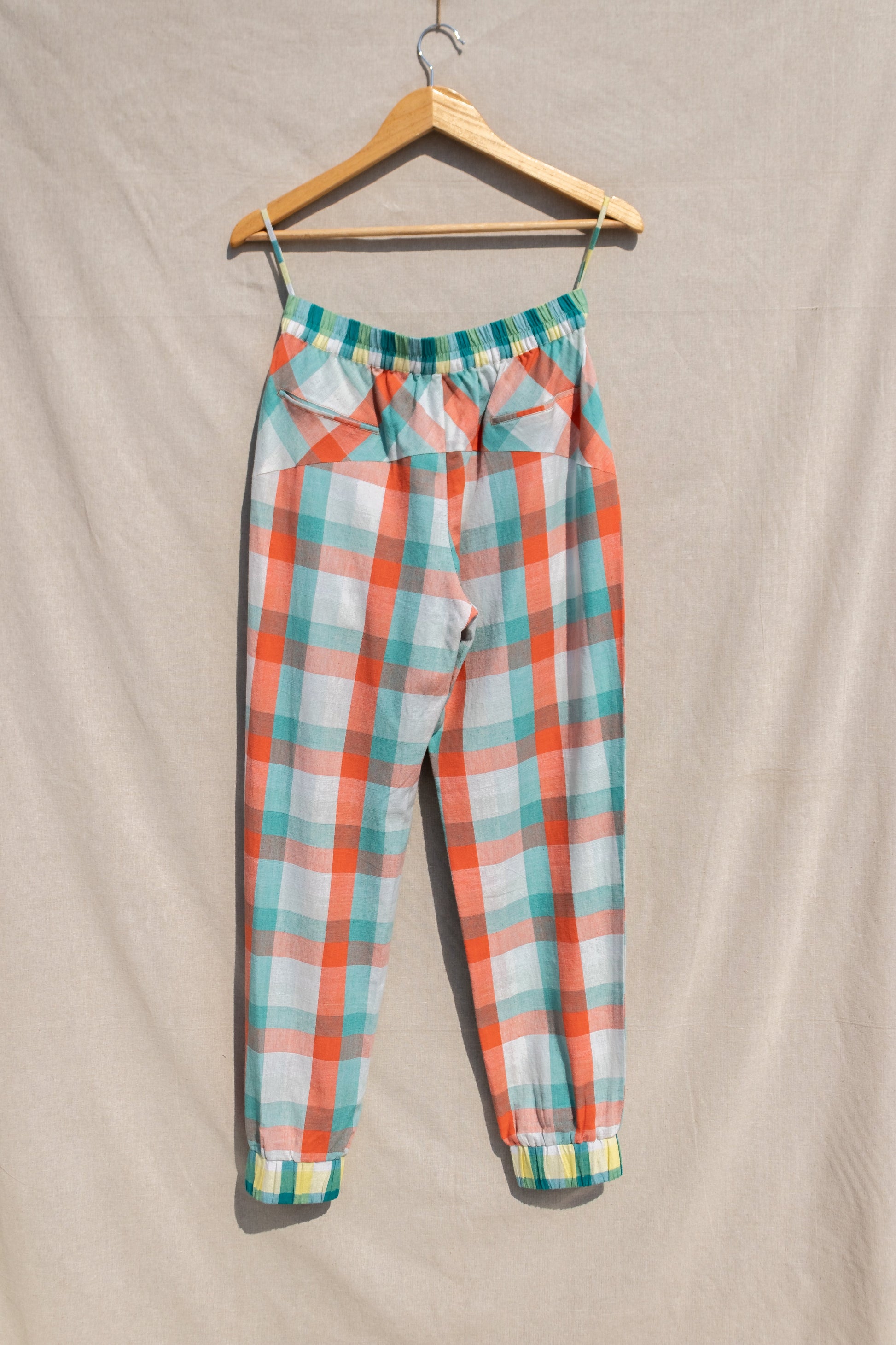 Multicolor Jogger Pants Casual Wear, Checks, Fitted At Waist, Handwoven Cotton, Joggers, Multicolor, Natural, Of Myriad Minds, Office Wear, Playful Office Wear, sale anushe pirani Kamakhyaa
