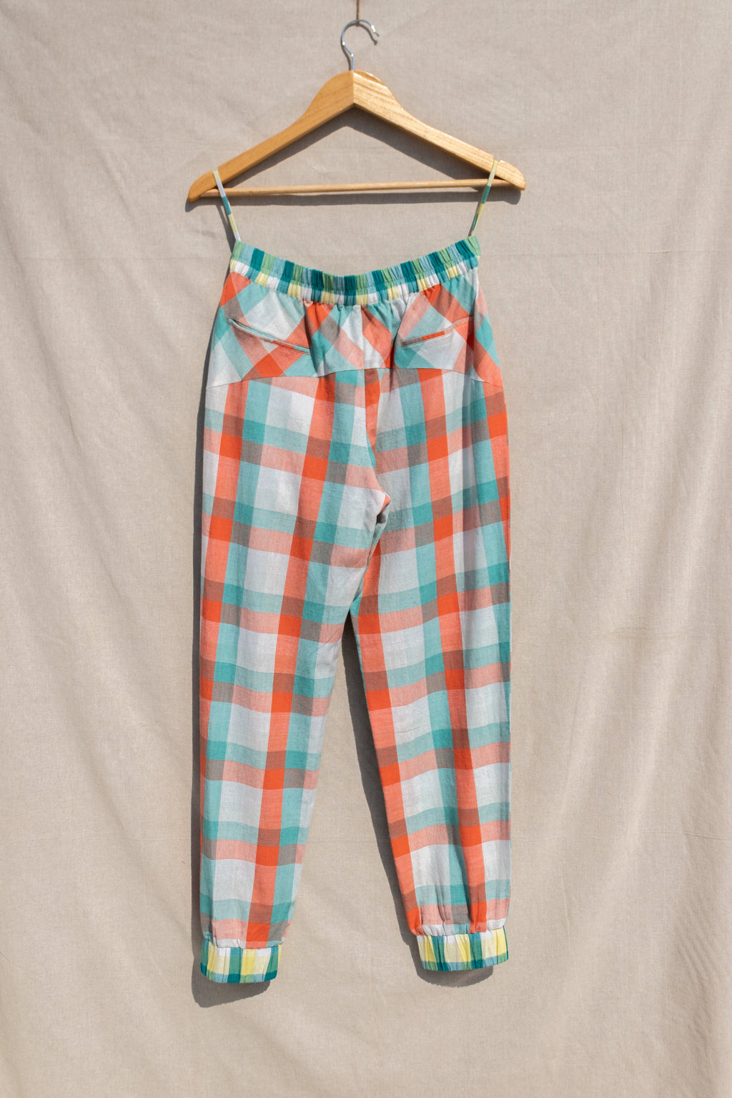 Multicolor Jogger Pants by Anushé Pirani with Casual Wear, Checks, Fitted At Waist, Handwoven Cotton, Joggers, July Sale, July Sale 2023, Multicolor, Natural, Of Myriad Minds, Of Myriad Minds by Anushe Pirani, Office Wear, Playful Office Wear, sale anushe pirani, Womenswear at Kamakhyaa for sustainable fashion