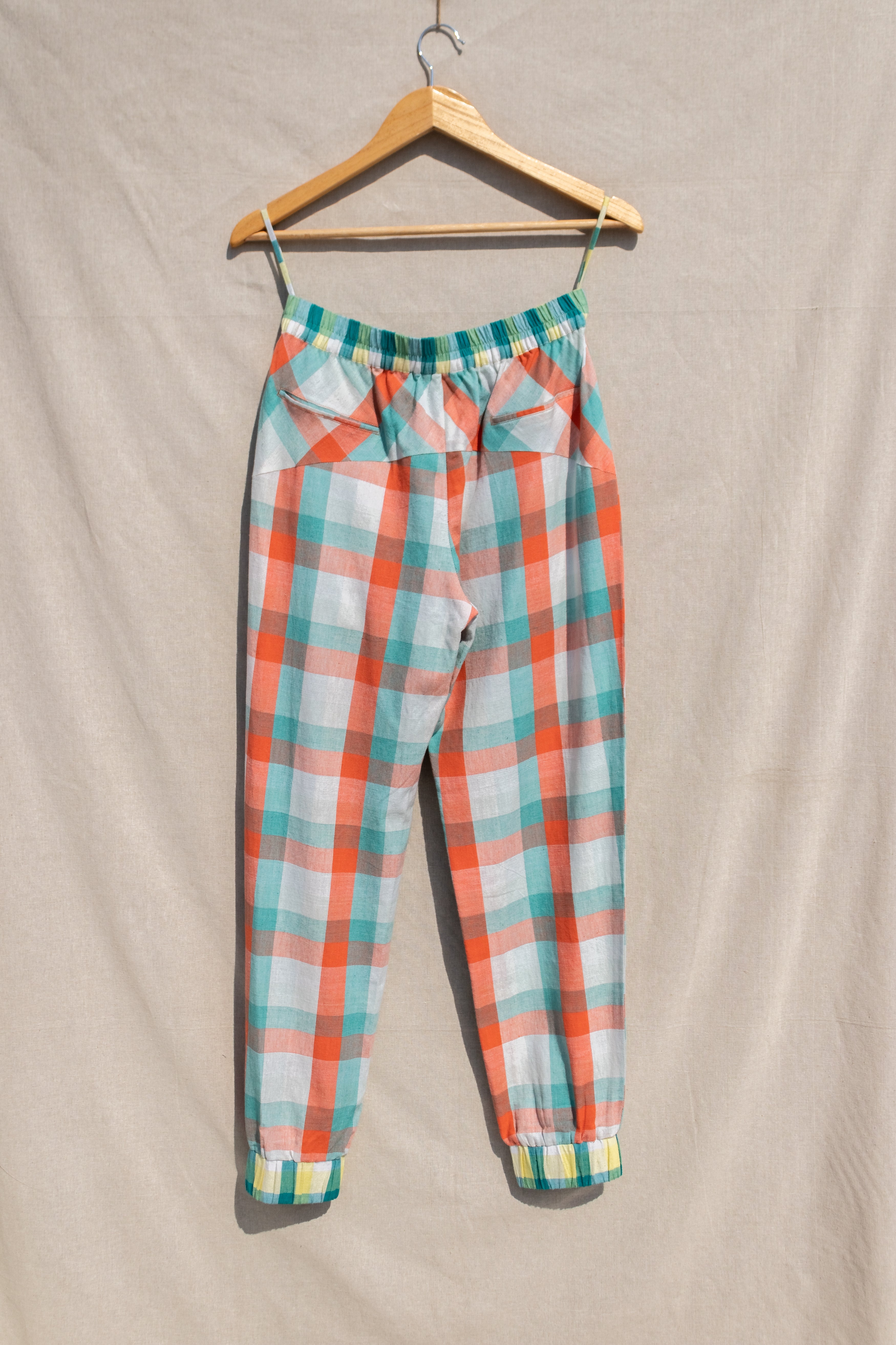 Multicolor Jogger Pants by Anushé Pirani with Casual Wear, Checks, Fitted At Waist, Handwoven Cotton, Joggers, July Sale, July Sale 2023, Multicolor, Natural, Of Myriad Minds, Of Myriad Minds by Anushe Pirani, Office Wear, Playful Office Wear, sale anushe pirani, Womenswear at Kamakhyaa for sustainable fashion