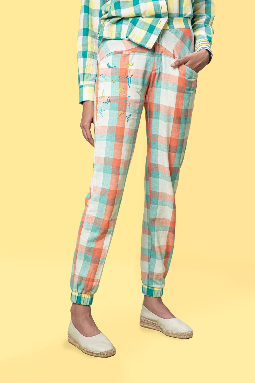 Multicolor Jogger Pants by Anushé Pirani with Casual Wear, Checks, Fitted At Waist, Handwoven Cotton, Joggers, July Sale, July Sale 2023, Multicolor, Natural, Of Myriad Minds, Of Myriad Minds by Anushe Pirani, Office Wear, Playful Office Wear, sale anushe pirani, Womenswear at Kamakhyaa for sustainable fashion