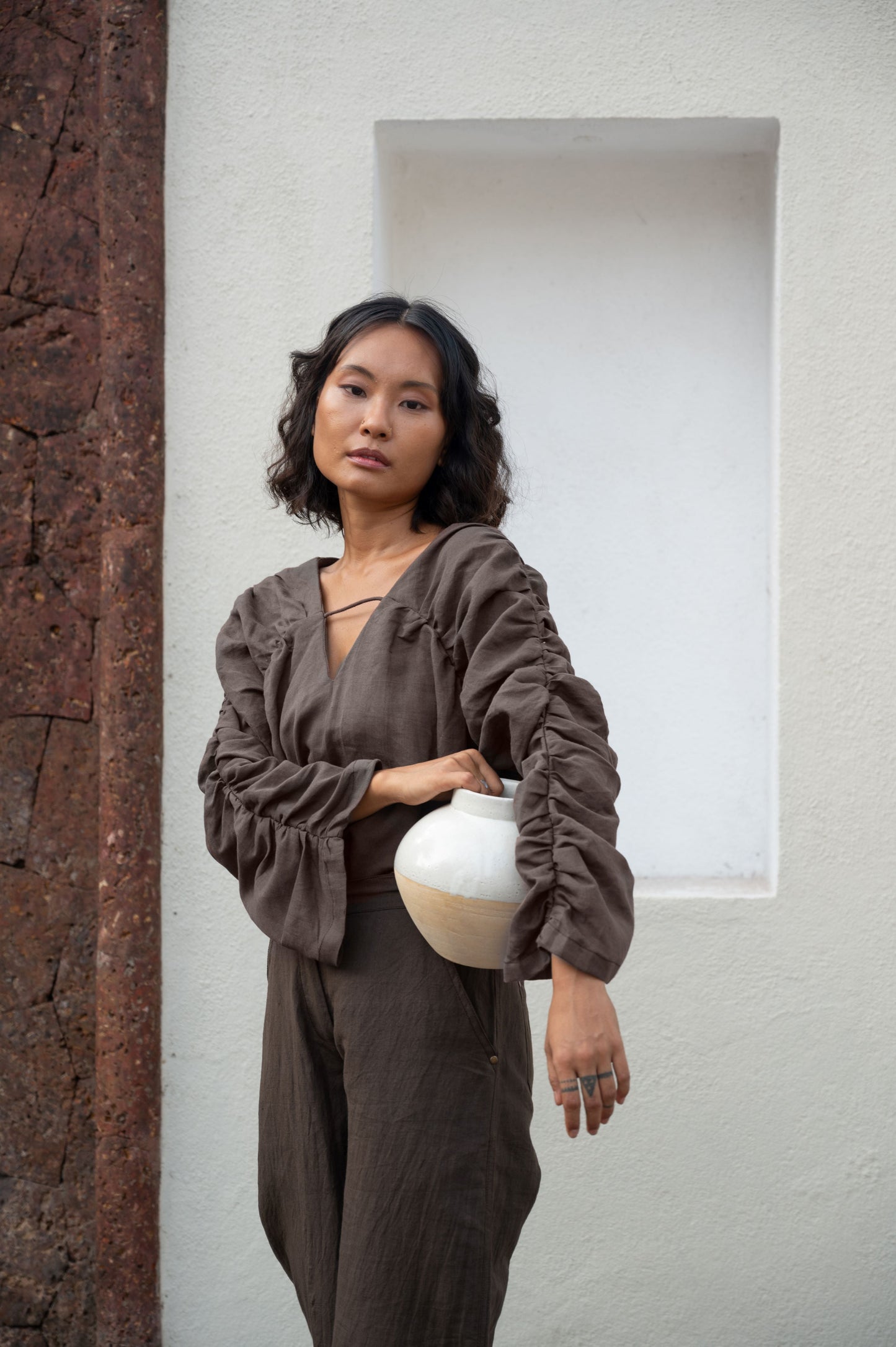 Brown Top by The Terra Tribe with Bare, Blouses, Brown, Casual Wear, Cotton, Hemp, Natural, Organic, Regular Fit, Solids, Tops, Womenswear at Kamakhyaa for sustainable fashion