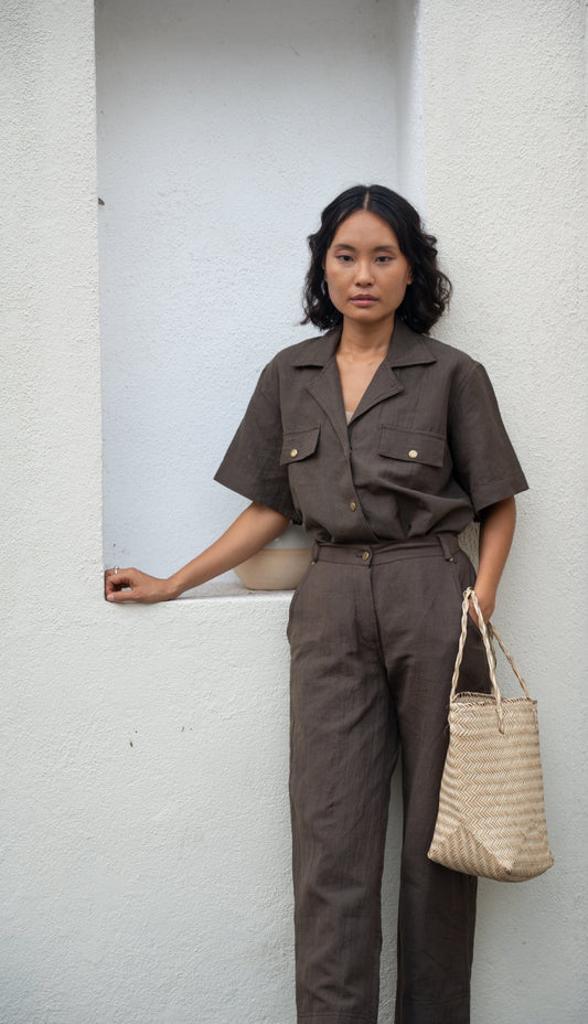 Brown Safari Shirt by The Terra Tribe with Bare, Brown, Casual Wear, Cotton, Hemp, Natural, Organic, Regular Fit, Shirts, Solids, Tops, Womenswear at Kamakhyaa for sustainable fashion