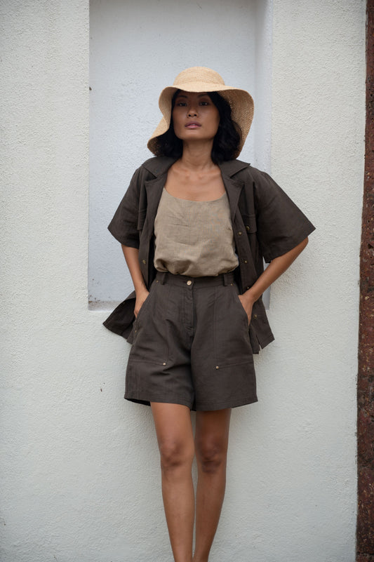 Brown Safari Shorts by The Terra Tribe with Bare, Brown, Casual Wear, Cotton, Hemp, Natural, Organic, Regular Fit, Shorts, Solids, Womenswear at Kamakhyaa for sustainable fashion