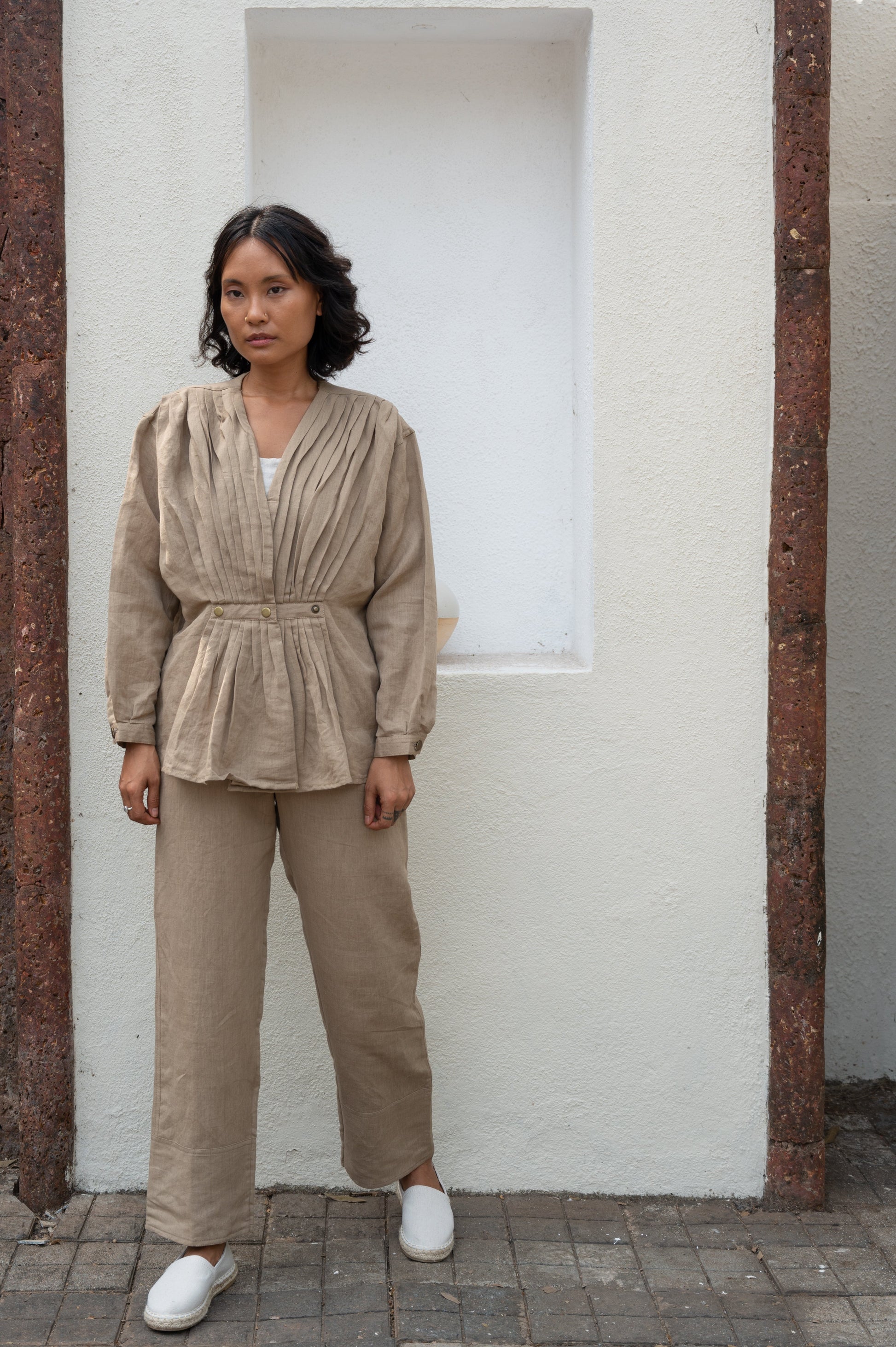 Beige Top by The Terra Tribe with Bare, Brown, Casual Wear, Cotton, Hemp, Natural, Organic, Regular Fit, Solids, Tops, Womenswear, Wrap Tops at Kamakhyaa for sustainable fashion