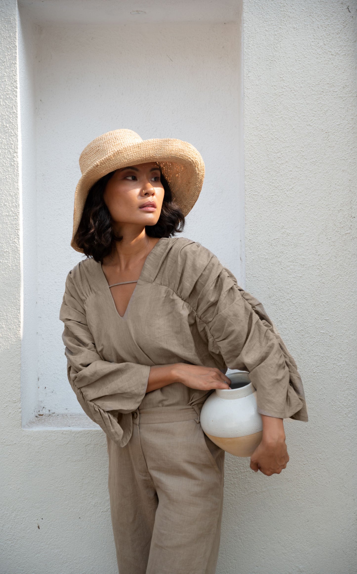 Beige Top by The Terra Tribe with Bare, Blouses, Brown, Casual Wear, Cotton, Hemp, Natural, Organic, Regular Fit, Solids, Tops, Womenswear at Kamakhyaa for sustainable fashion