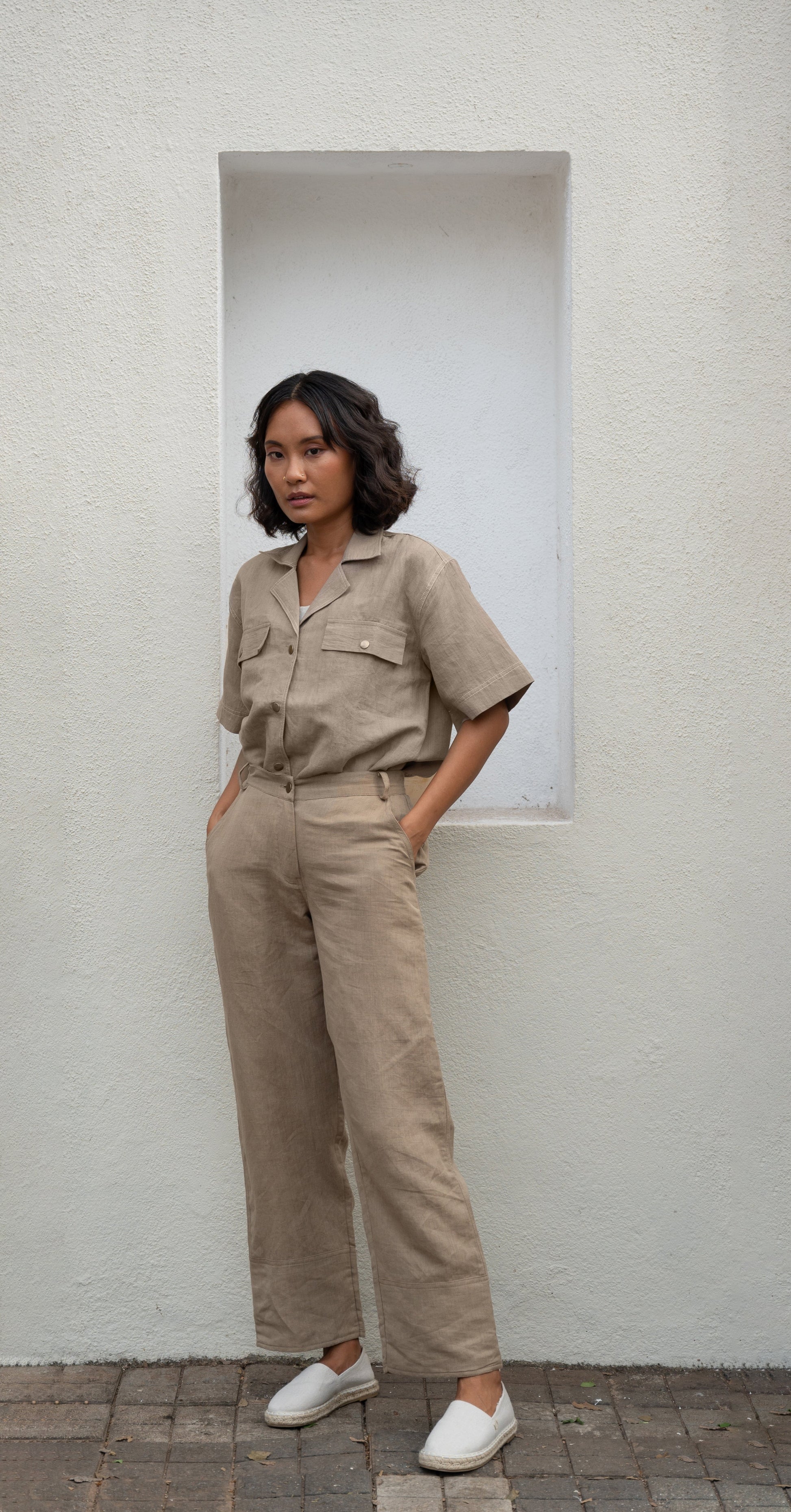 Beige Safari Shirt by The Terra Tribe with Bare, Brown, Casual Wear, Cotton, Hemp, Natural, Organic, Regular Fit, Shirts, Solids, Tops, Womenswear at Kamakhyaa for sustainable fashion