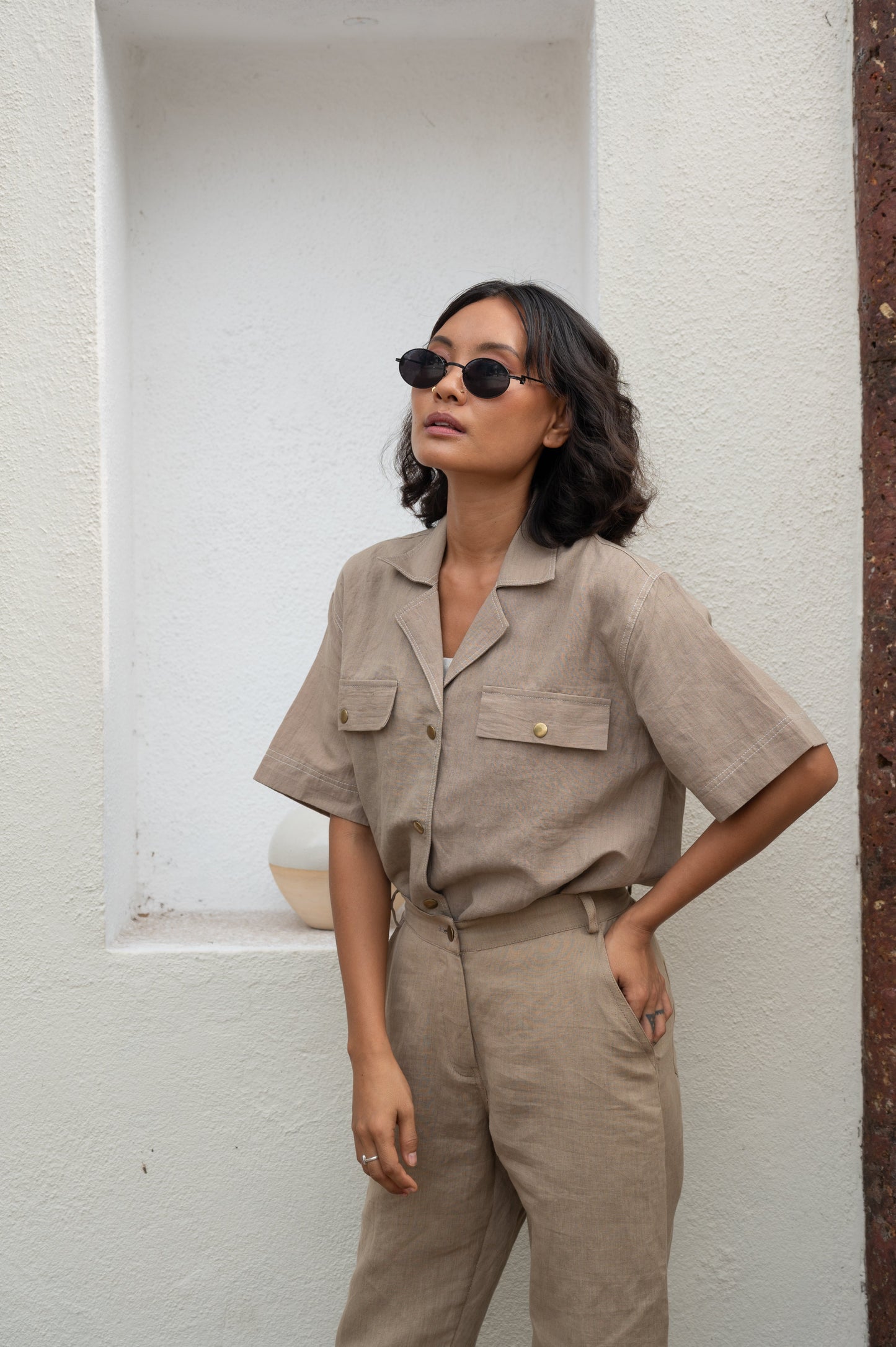 Beige Safari Shirt by The Terra Tribe with Bare, Brown, Casual Wear, Cotton, Hemp, Natural, Organic, Regular Fit, Shirts, Solids, Tops, Womenswear at Kamakhyaa for sustainable fashion