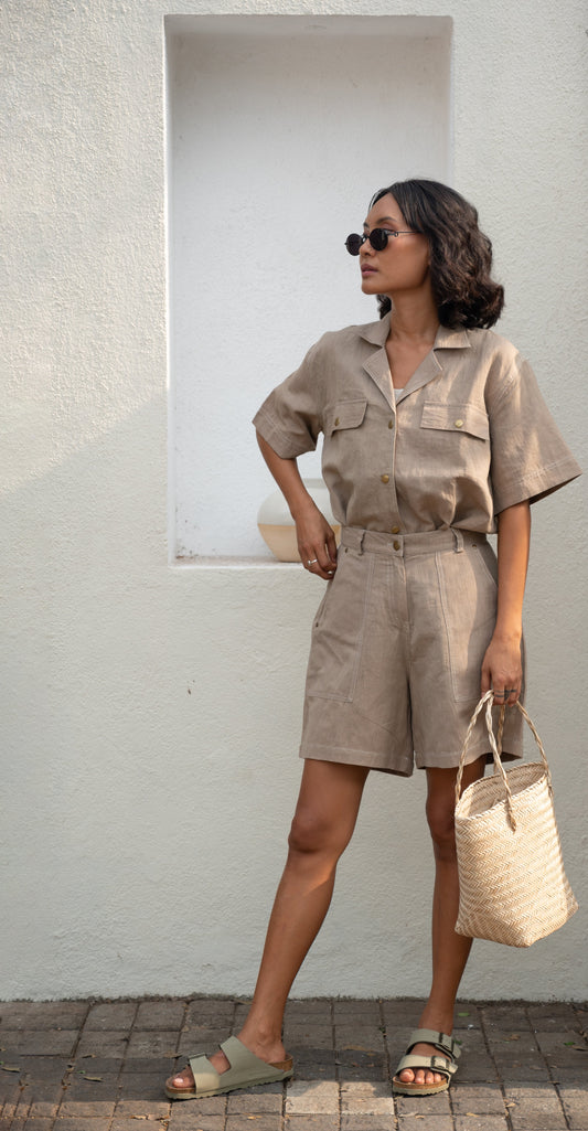 Beige Safari Shorts by The Terra Tribe with Bare, Beige, Brown, Casual Wear, Cotton, Hemp, Natural, Organic, Regular Fit, Shorts, Solids, Womenswear at Kamakhyaa for sustainable fashion