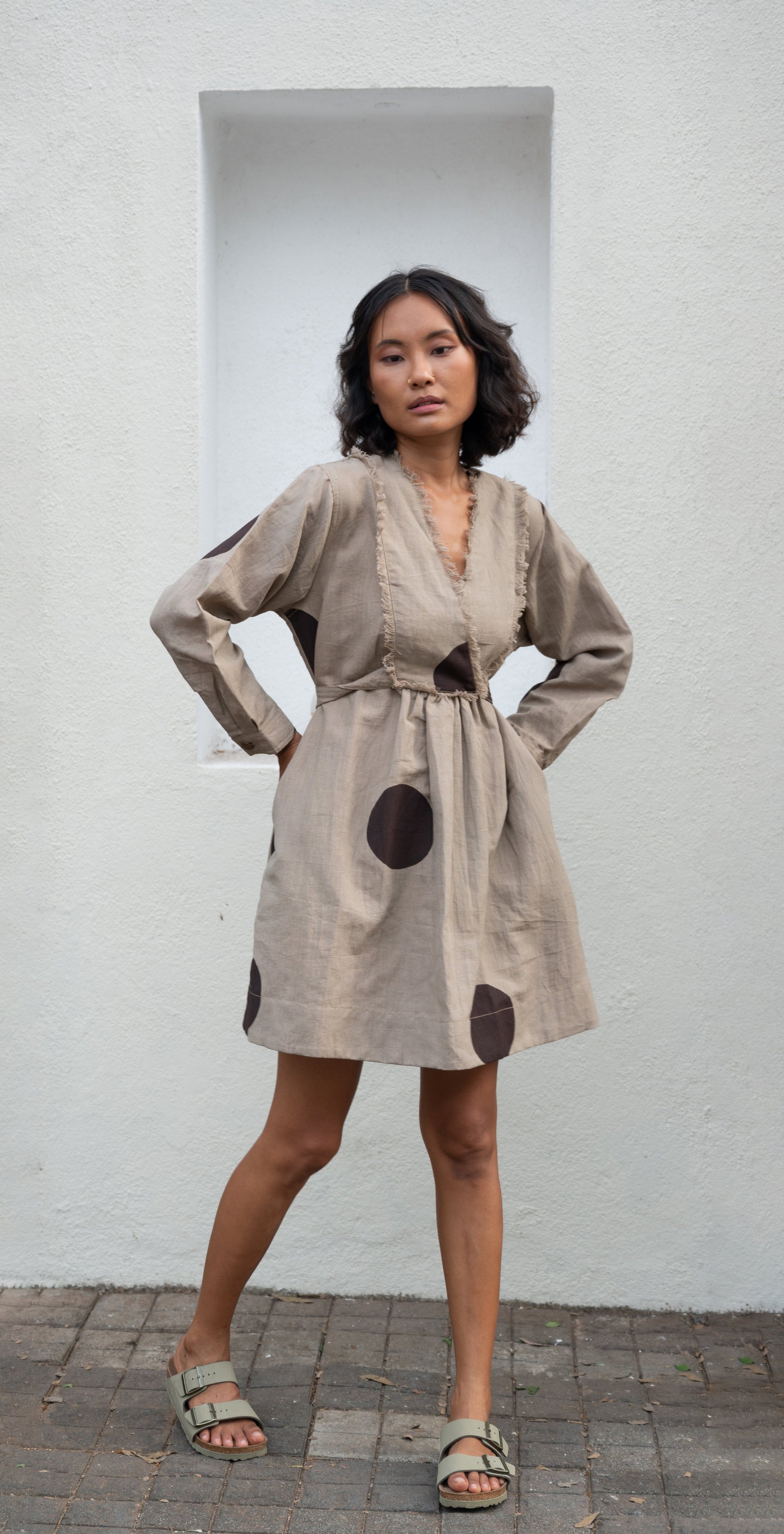 Beige Printed Shift Dress by The Terra Tribe with Bare, Brown, Casual Wear, Cotton, Hemp, Mini Dresses, Natural, Organic, Printed Selfsame, Prints, Regular Fit, Womenswear, Wrap Dresses at Kamakhyaa for sustainable fashion