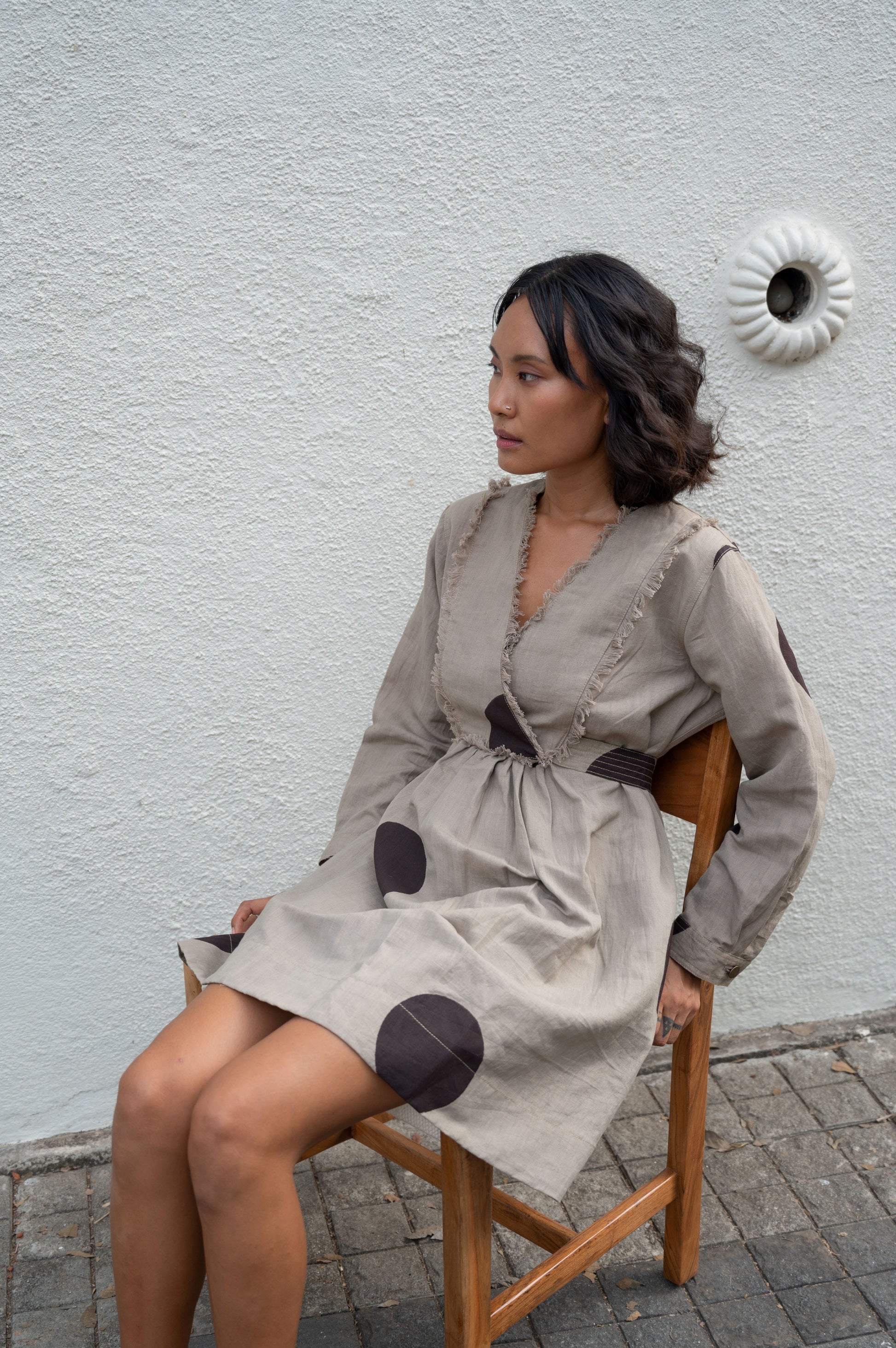 Beige Printed Shift Dress by The Terra Tribe with Bare, Brown, Casual Wear, Cotton, Hemp, Mini Dresses, Natural, Organic, Printed Selfsame, Prints, Regular Fit, Womenswear, Wrap Dresses at Kamakhyaa for sustainable fashion