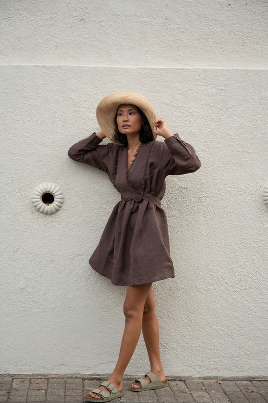 Brown Shift Dress by The Terra Tribe with Bare, Brown, Casual Wear, Cotton, Hemp, Mini Dresses, Natural, Organic, Regular Fit, Solids, Womenswear, Wrap Dresses at Kamakhyaa for sustainable fashion