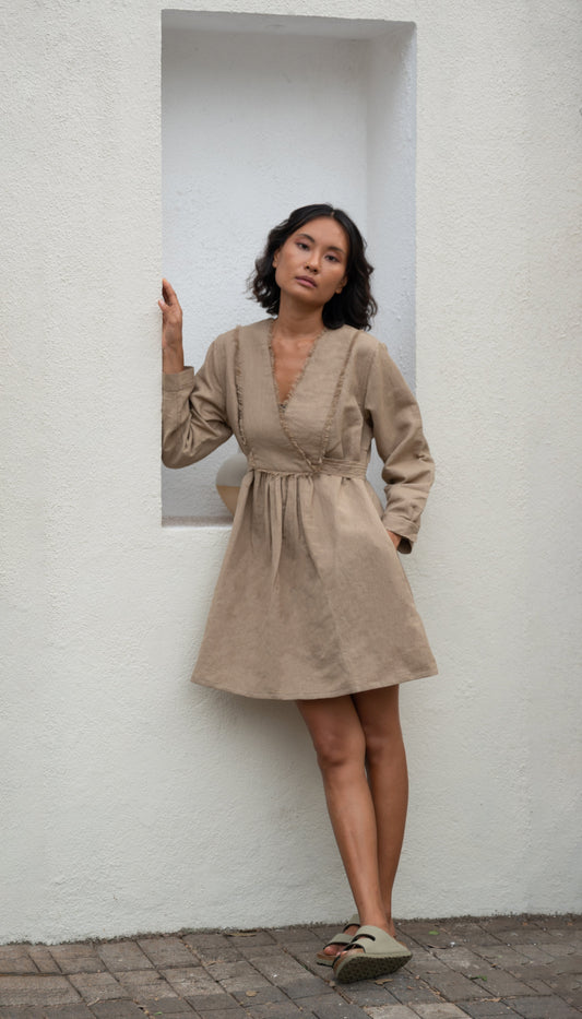 Beige Shift Dress by The Terra Tribe with Bare, Brown, Casual Wear, Cotton, Hemp, Mini Dresses, Natural, Organic, Regular Fit, Solids, Womenswear, Wrap Dresses at Kamakhyaa for sustainable fashion