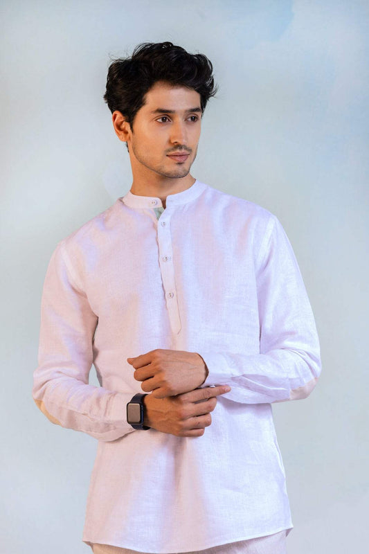 Linen Short Kurta at Kamakhyaa by Charkhee. This item is Casual Wear, For Anniversary, For Father, For Him, Kurtas, Linen, Menswear, Natural, Regular Fit, Textured, Tops, White