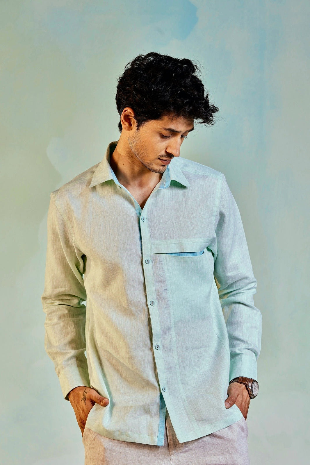 Linen Shirt Menswear 100 % Linen, Green, Natural, Regular Fit, Shirts, Textured Charkhee Kamakhyaa