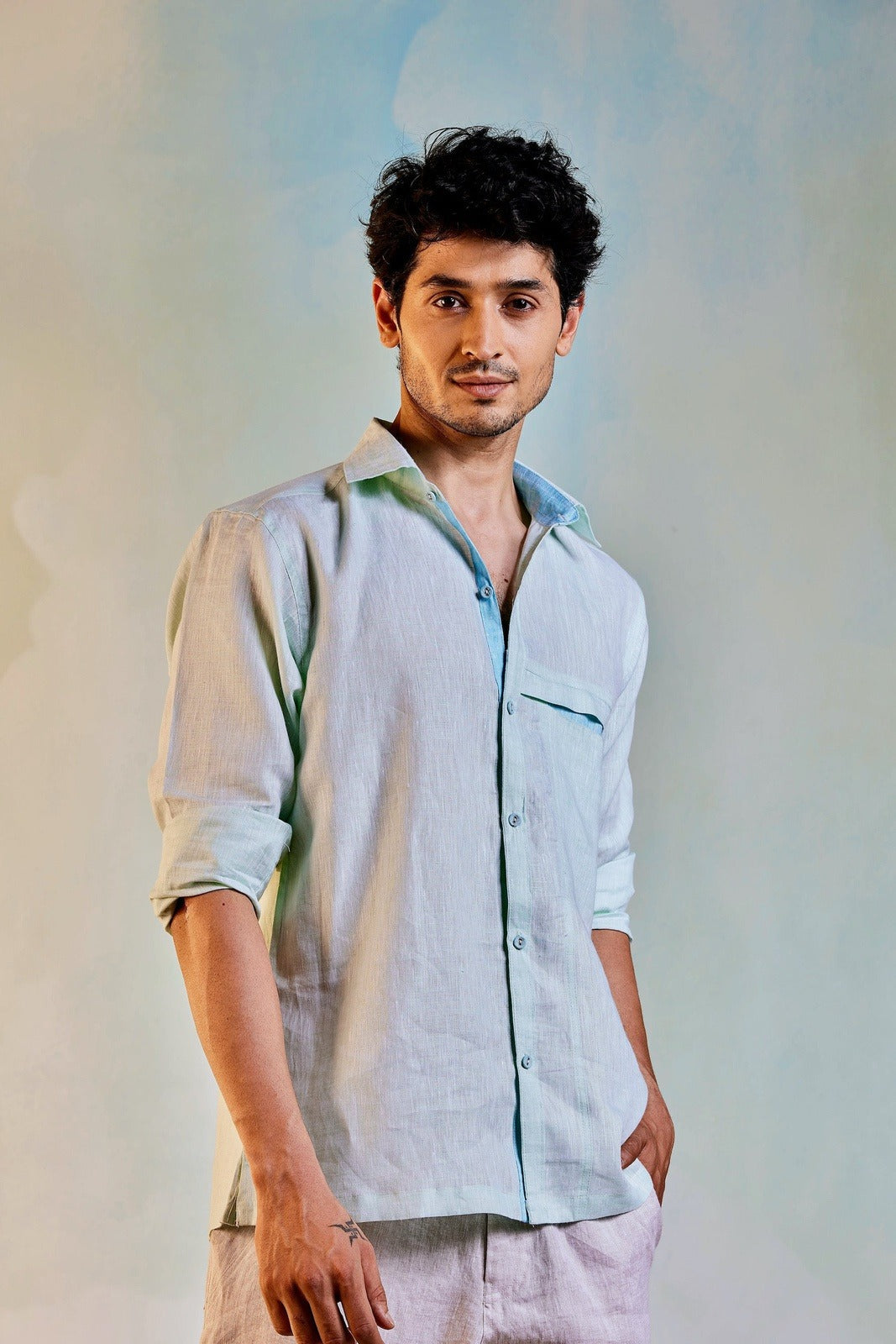 Linen Shirt Menswear 100 % Linen, Green, Natural, Regular Fit, Shirts, Textured Charkhee Kamakhyaa