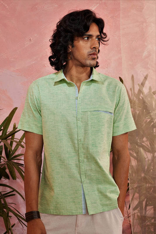Green Textured Half Sleeve Shirt by Charkhee with Casual Wear, Cotton, Green, Less than $50, Menswear, Natural, Regular Fit, Shirts, Sun-dae by Charkhee, Textured, Tops at Kamakhyaa for sustainable fashion
