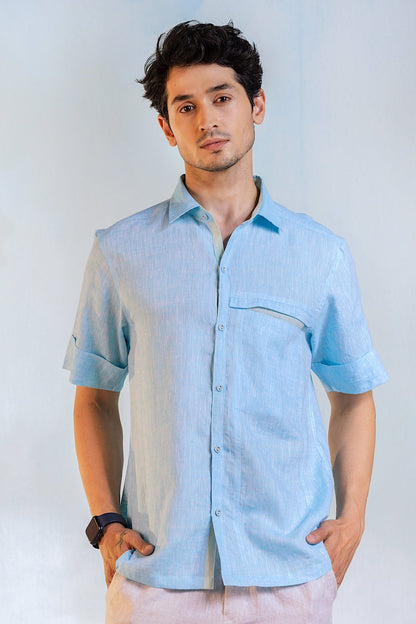 Linen Half Sleeve Shirt by Charkhee with Blue, Casual Wear, Escape by Charkhee, For Anniversary, For Him, Linen, Menswear, Natural, Regular Fit, Shirts, Textured, Tops at Kamakhyaa for sustainable fashion